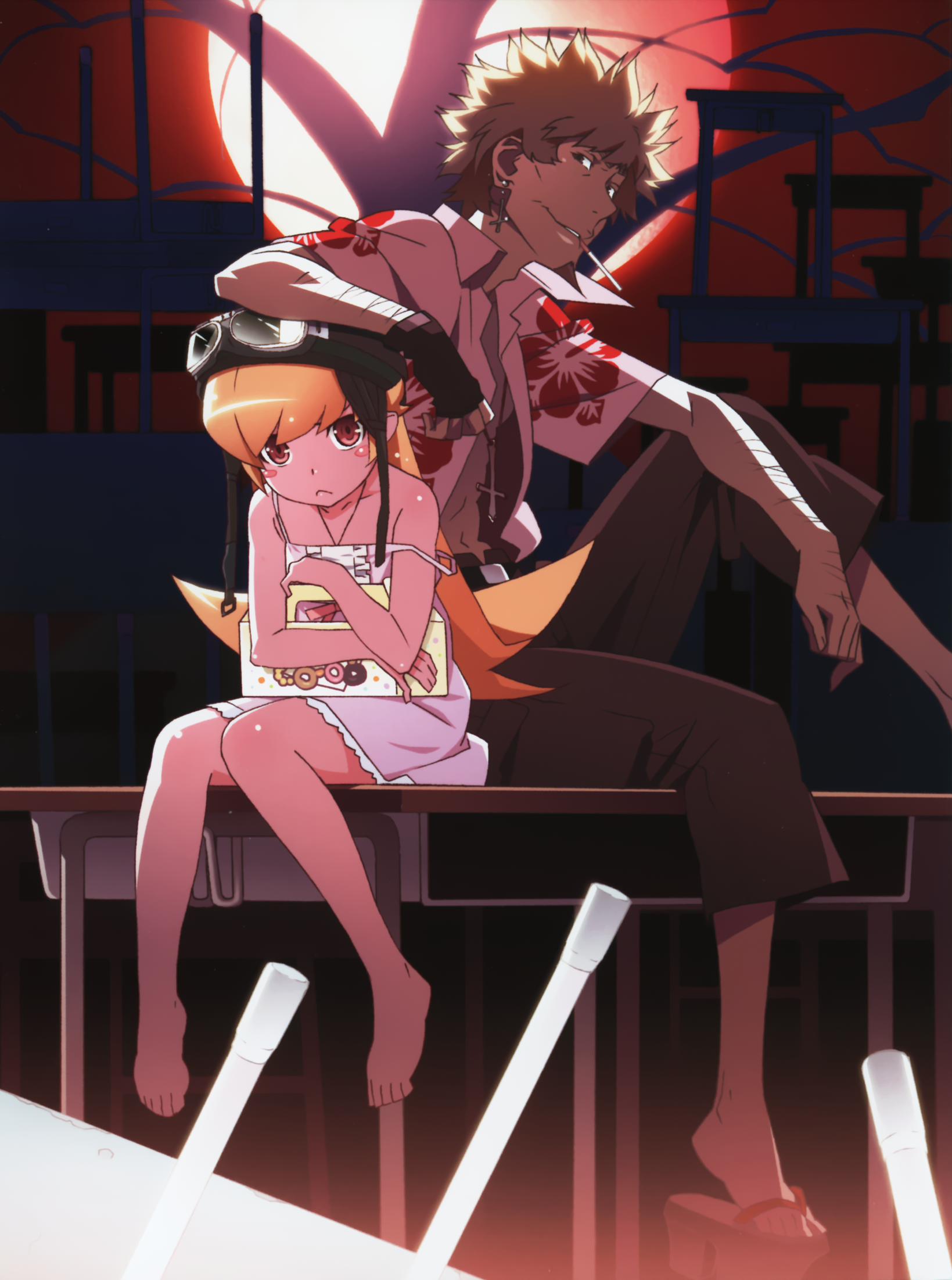 bakemonogatari disc_cover dress monogatari_(series) nekomonogatari open_shirt oshino_meme oshino_shinobu smoking summer_dress watanabe_akio