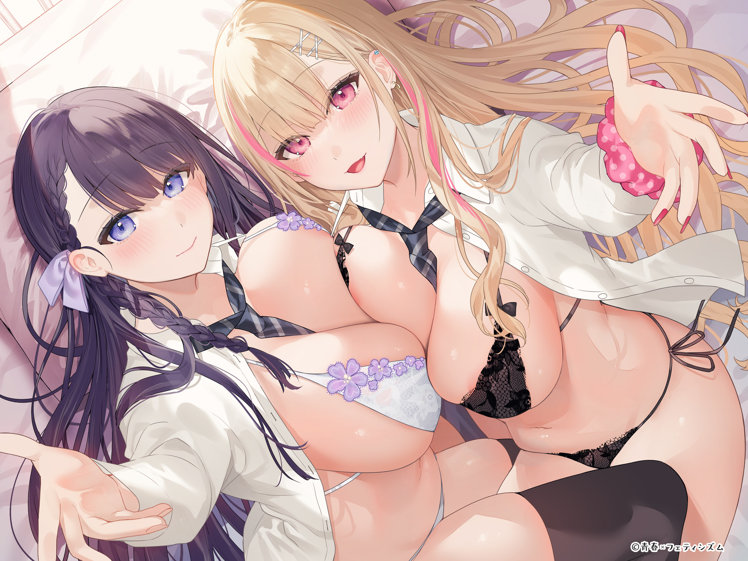 aoharu_x_fetishism areola bekotarou bra lingerie open_shirt pantsu seifuku string_panties symmetrical_docking thighhighs