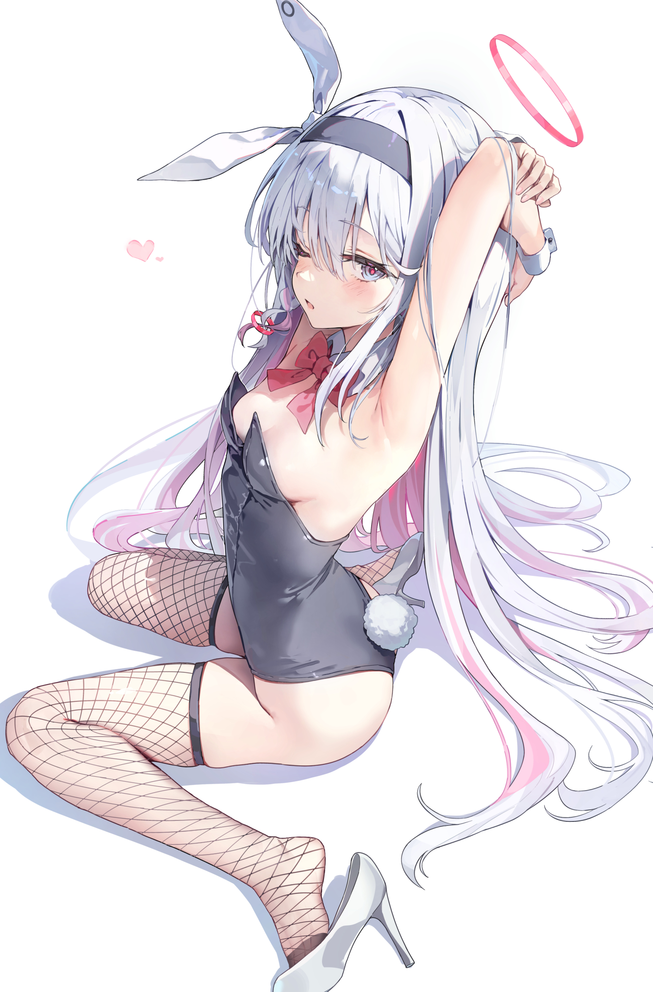 animal_ears arona_(blue_archive) blue_archive bunny_ears bunny_girl fishnets halo heels huwari_(dnwls3010) no_bra plana_(blue_archive) tail thighhighs