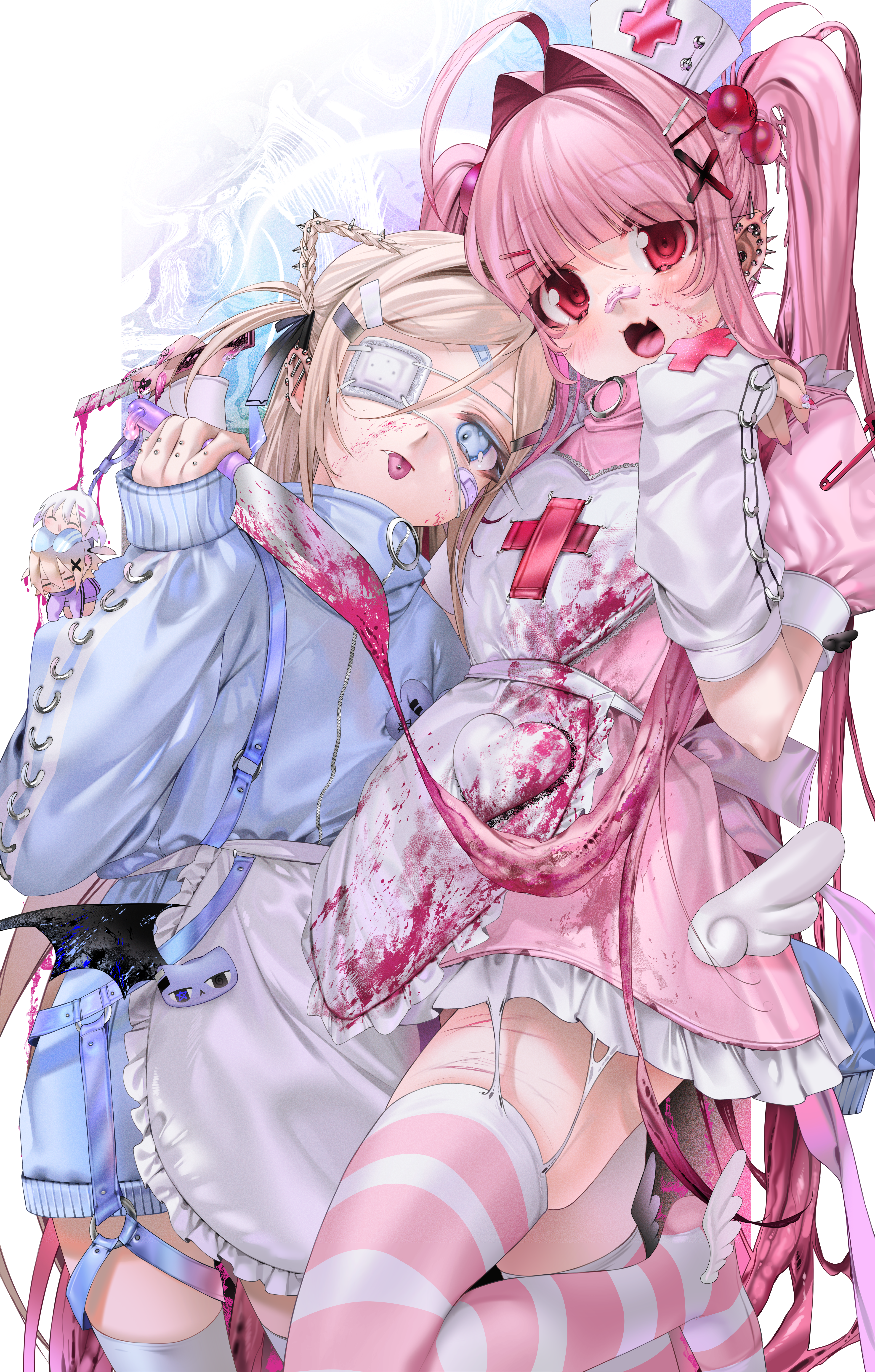 bandaid blood chibi extreme_content eyepatch helena_(unxi) nurse sweater thighhighs unxi veinte_(unxi) weapon wings