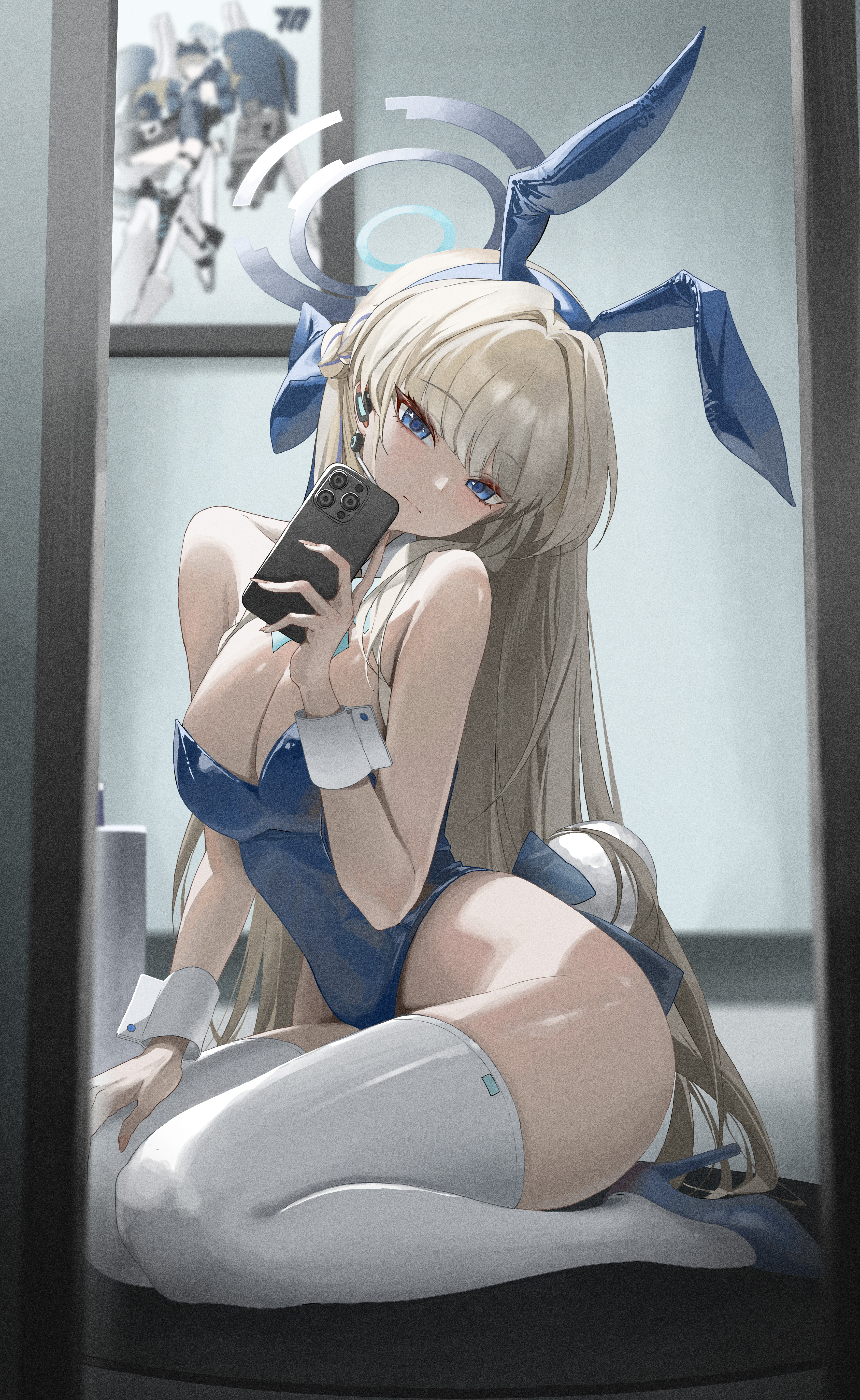 4meart0112 animal_ears asuma_toki blue_archive bunny_ears bunny_girl halo heels no_bra selfie tail thighhighs