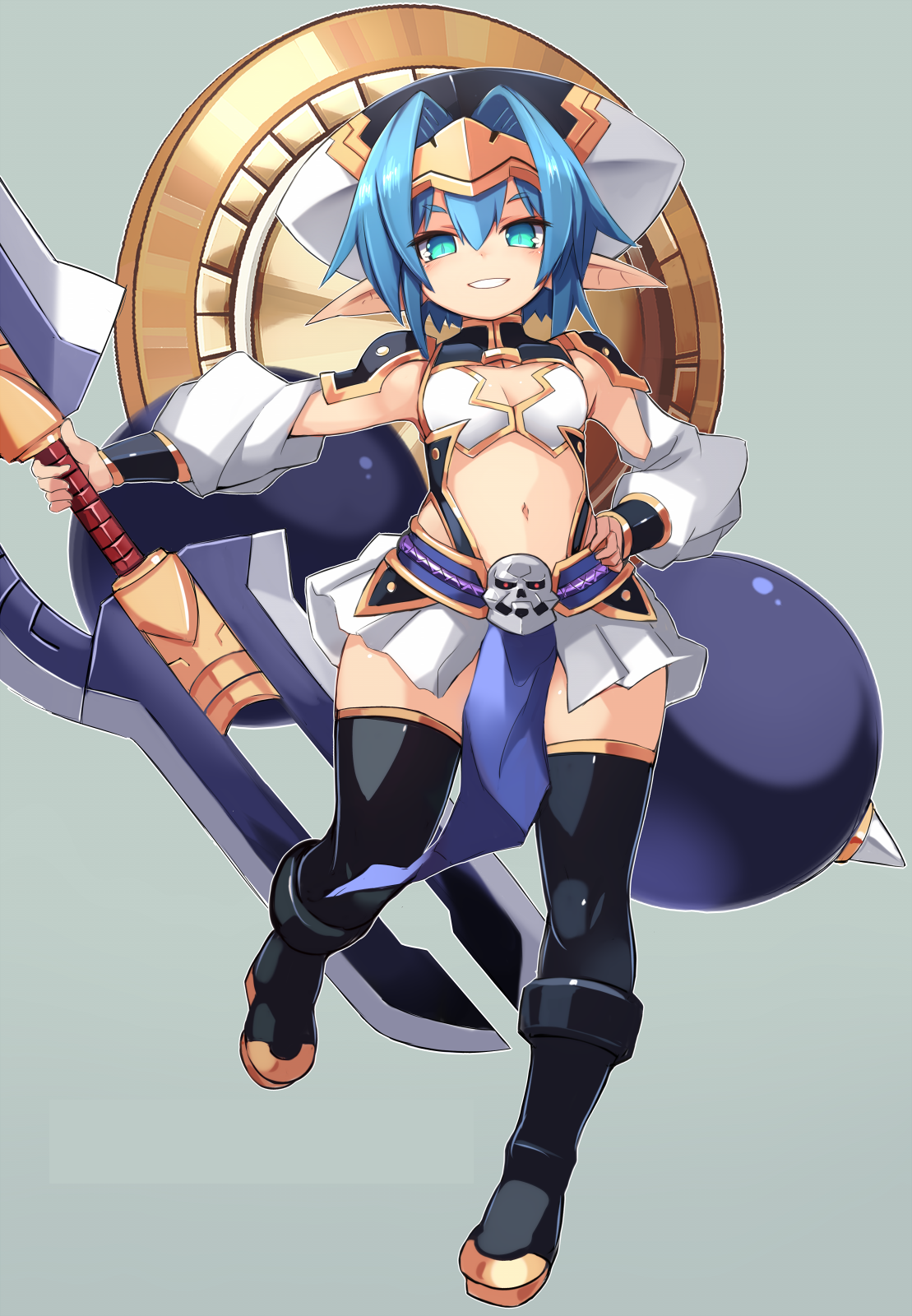 armor cleavage hellmatio karukan pointy_ears shinrabansho thighhighs weapon