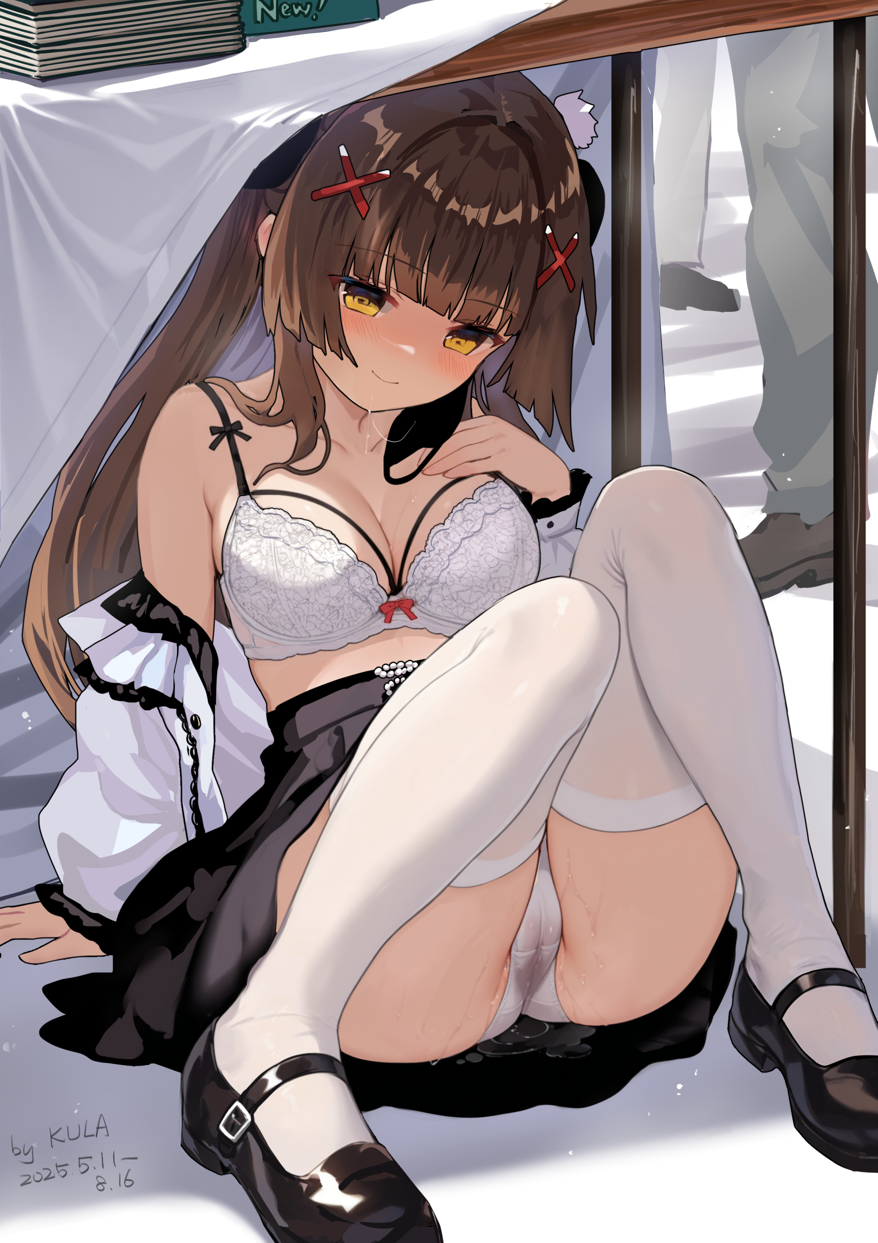 bra cameltoe kkkula lingerie open_shirt pantsu pussy_juice skirt_lift thighhighs wet