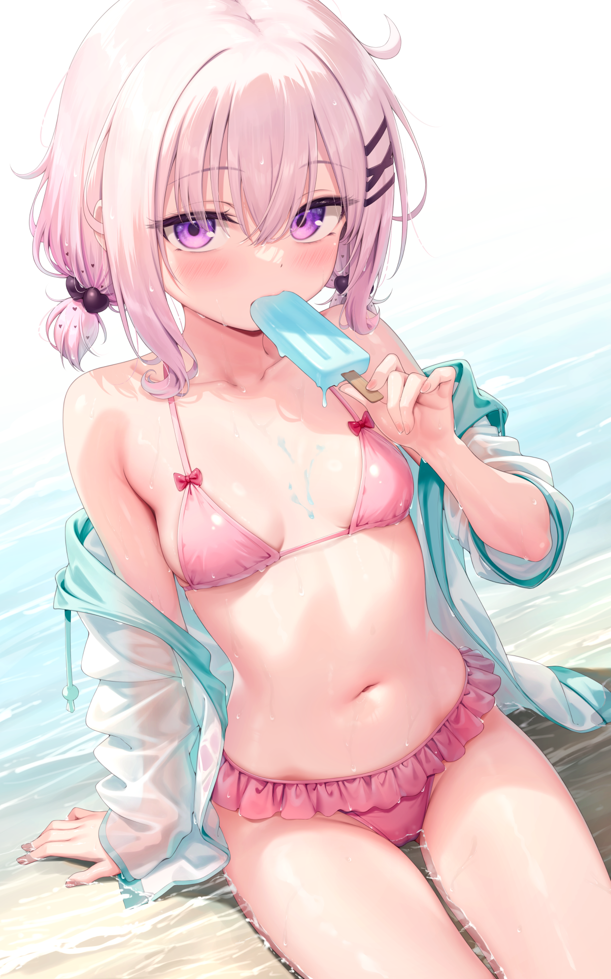 arata_(xin) bikini cream loli open_shirt see_through swimsuits wet