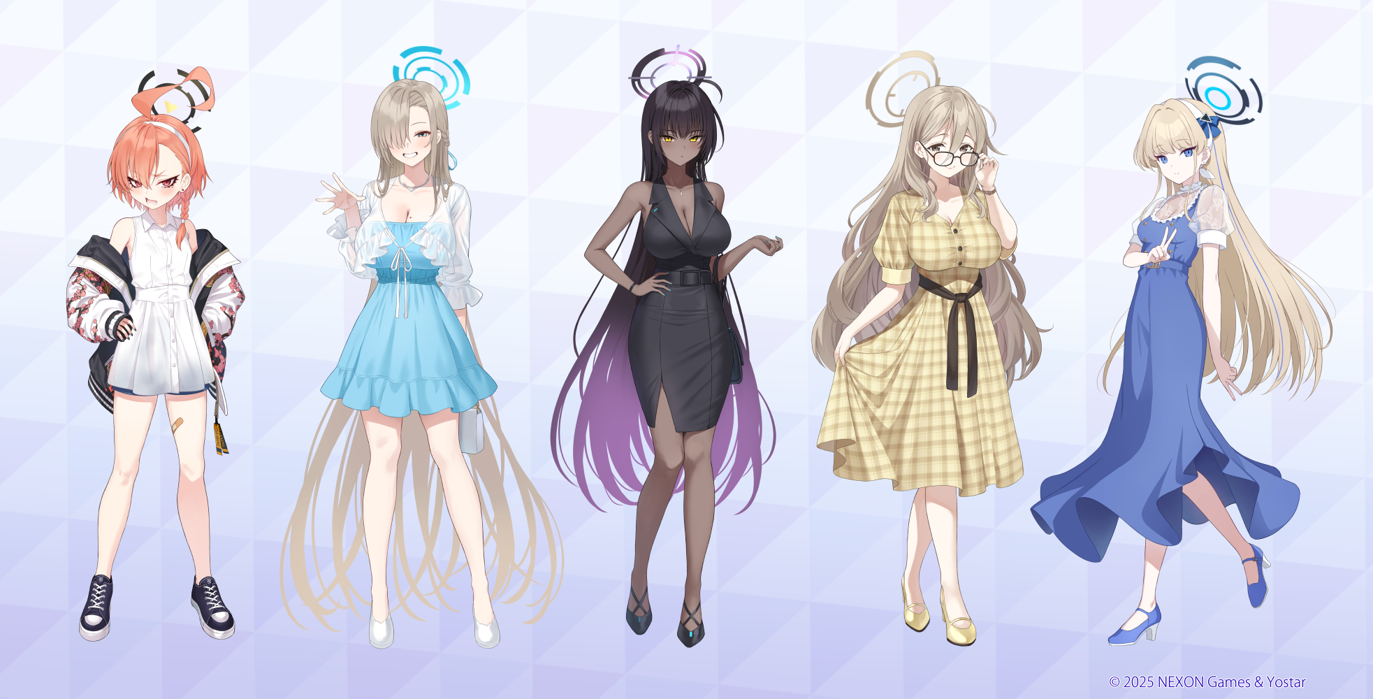 asuma_toki bandaid blue_archive cleavage dress halo heels ichinose_asuna kakudate_karin matanonki megane mikamo_neru murokasa_akane no_bra see_through skirt_lift