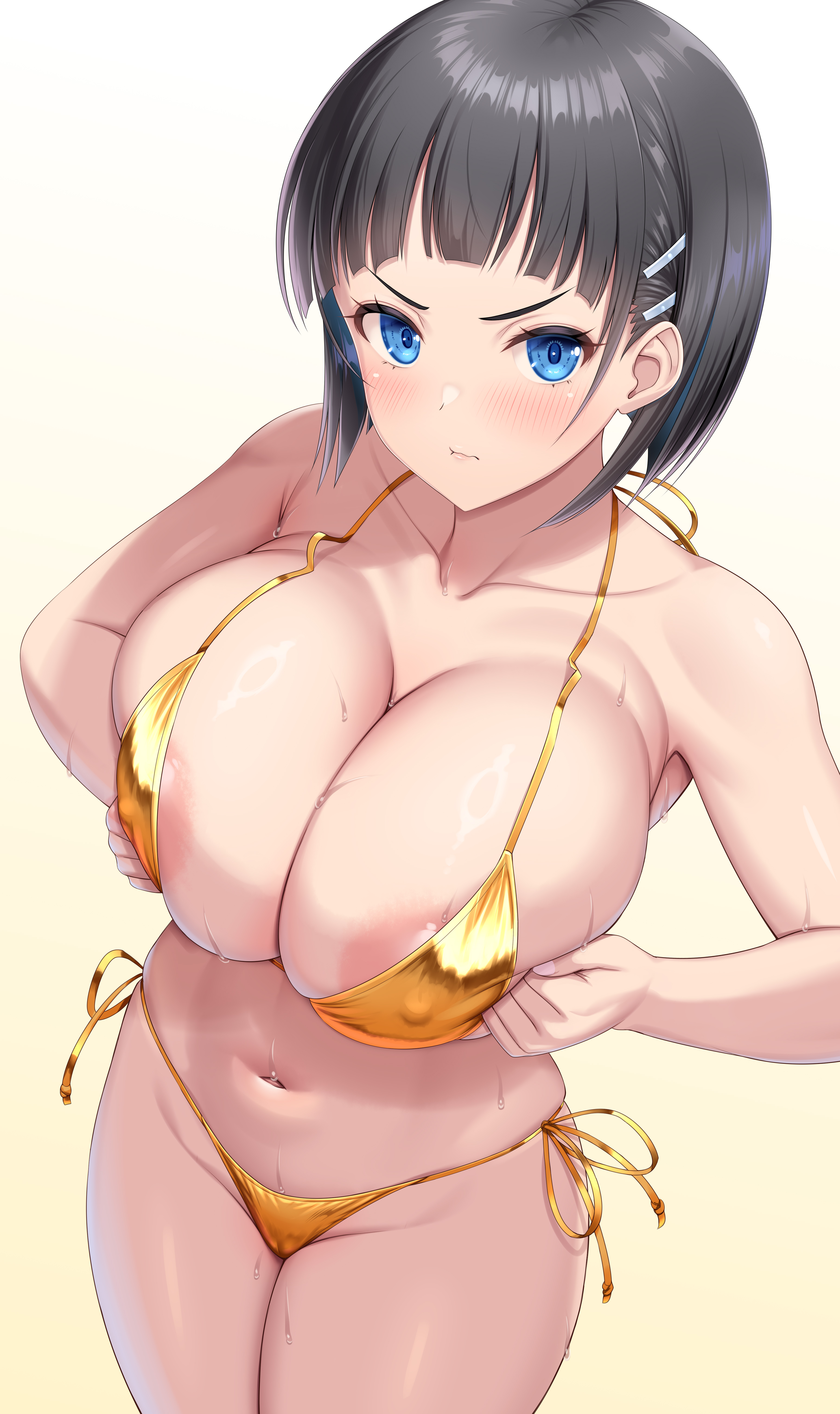 areola bikini breast_hold cameltoe erect_nipples kawase_seiki kirigaya_suguha swimsuits sword_art_online wet