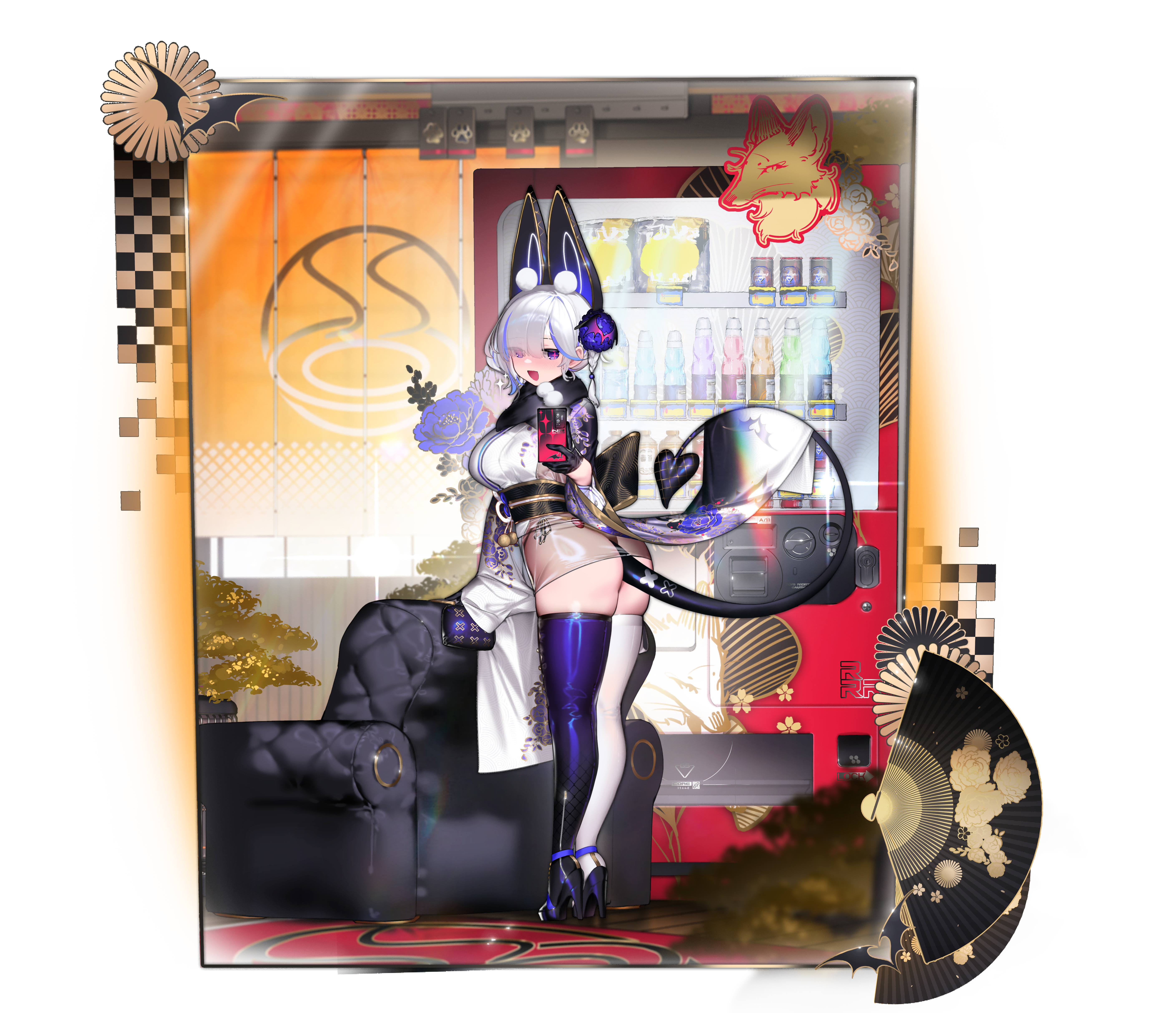 animal_ears ass cross_core heels japanese_clothes no_bra pantsu see_through selfie string_panties tagme tail thighhighs thong transparent_png