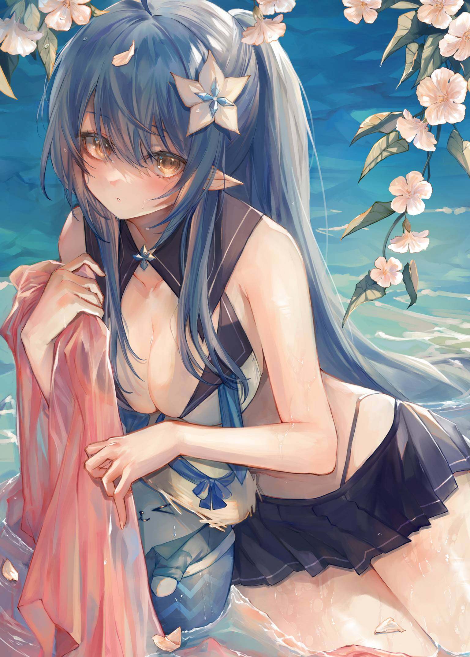 cleavage elf hololive jpeg_artifacts open_shirt pantsu pointy_ears ryuuji_teitoku seifuku wet yukihana_lamy