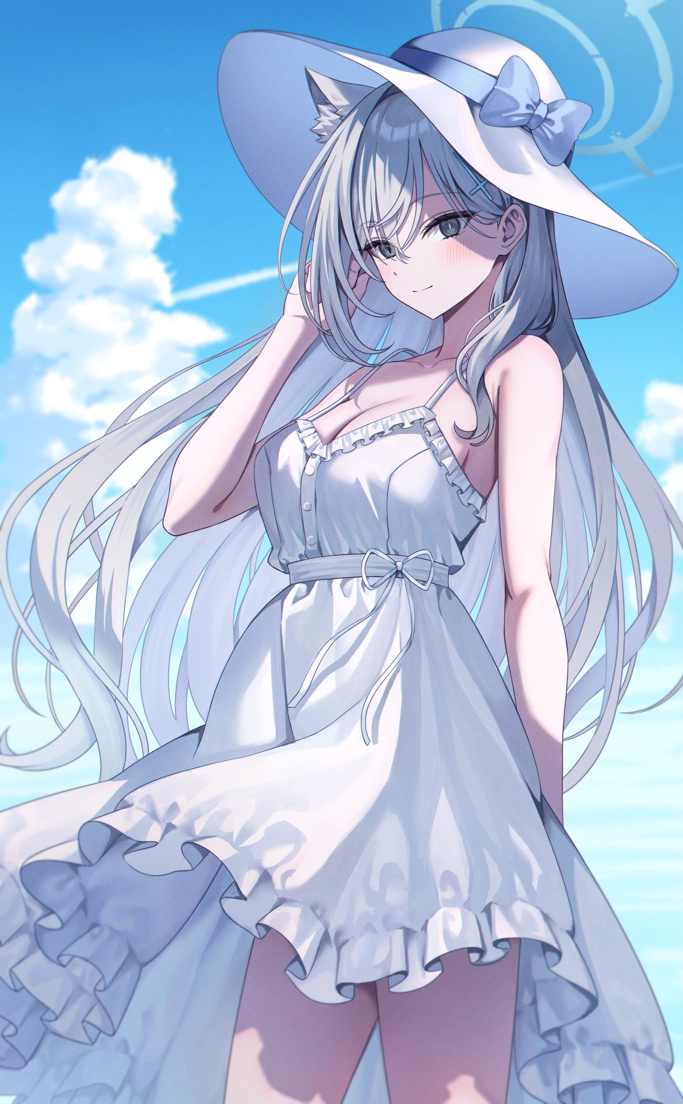 animal_ears blue_archive dress halo nekomimi ojyomu shiroko_terror skirt_lift summer_dress sunaookami_shiroko