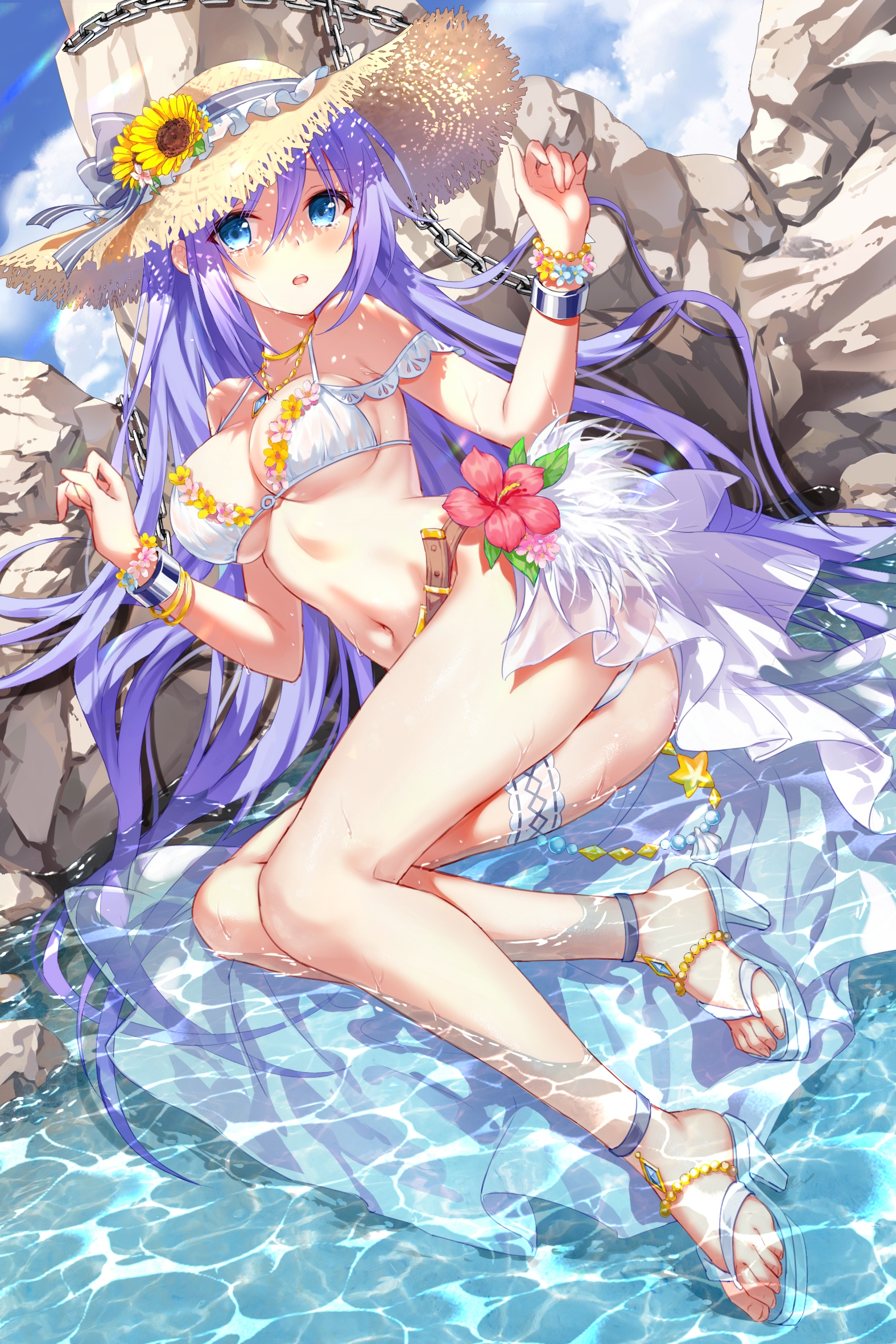 ass bikini bondage devil_heavens garter heels hoshino_shizuru princess_connect! princess_connect!_re:dive see_through swimsuits thong wet