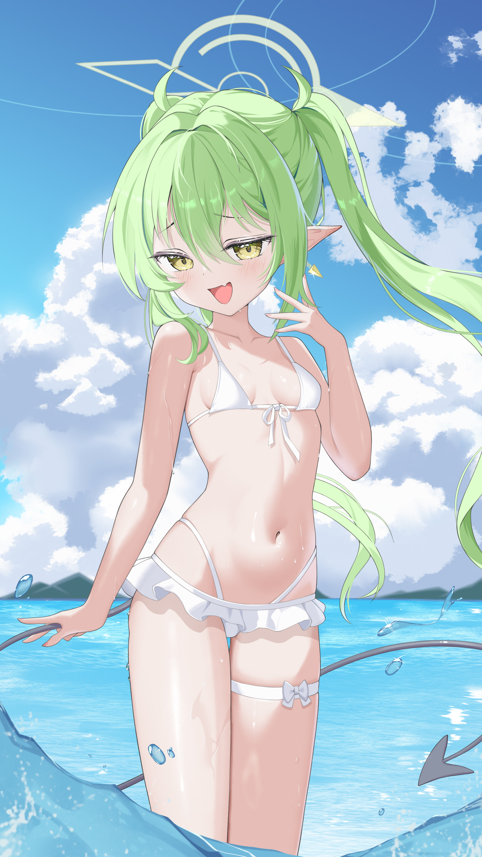 bikini blue_archive garter halo loli pointy_ears qianran swimsuits tachibana_nozomi tail wet