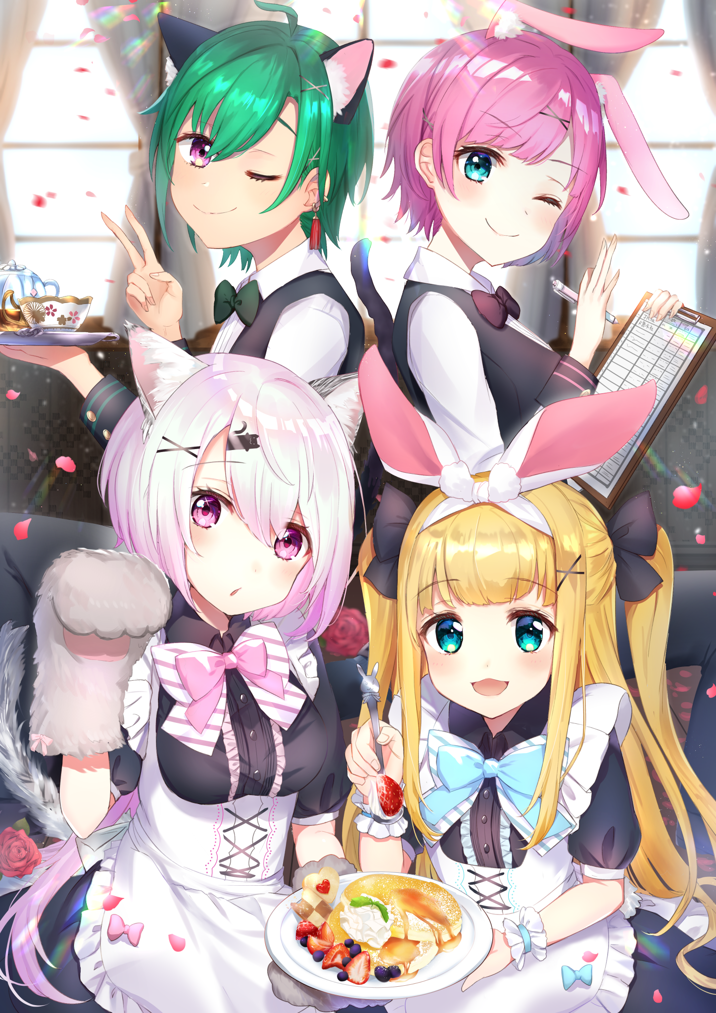 animal_ears bunny_ears maid mononobe_alice nekomimi nijisanji nijisanji_gamers nijisanji_seeds omelet_tomato ryuushen shiina_yuika tail waitress yuuhi_riri