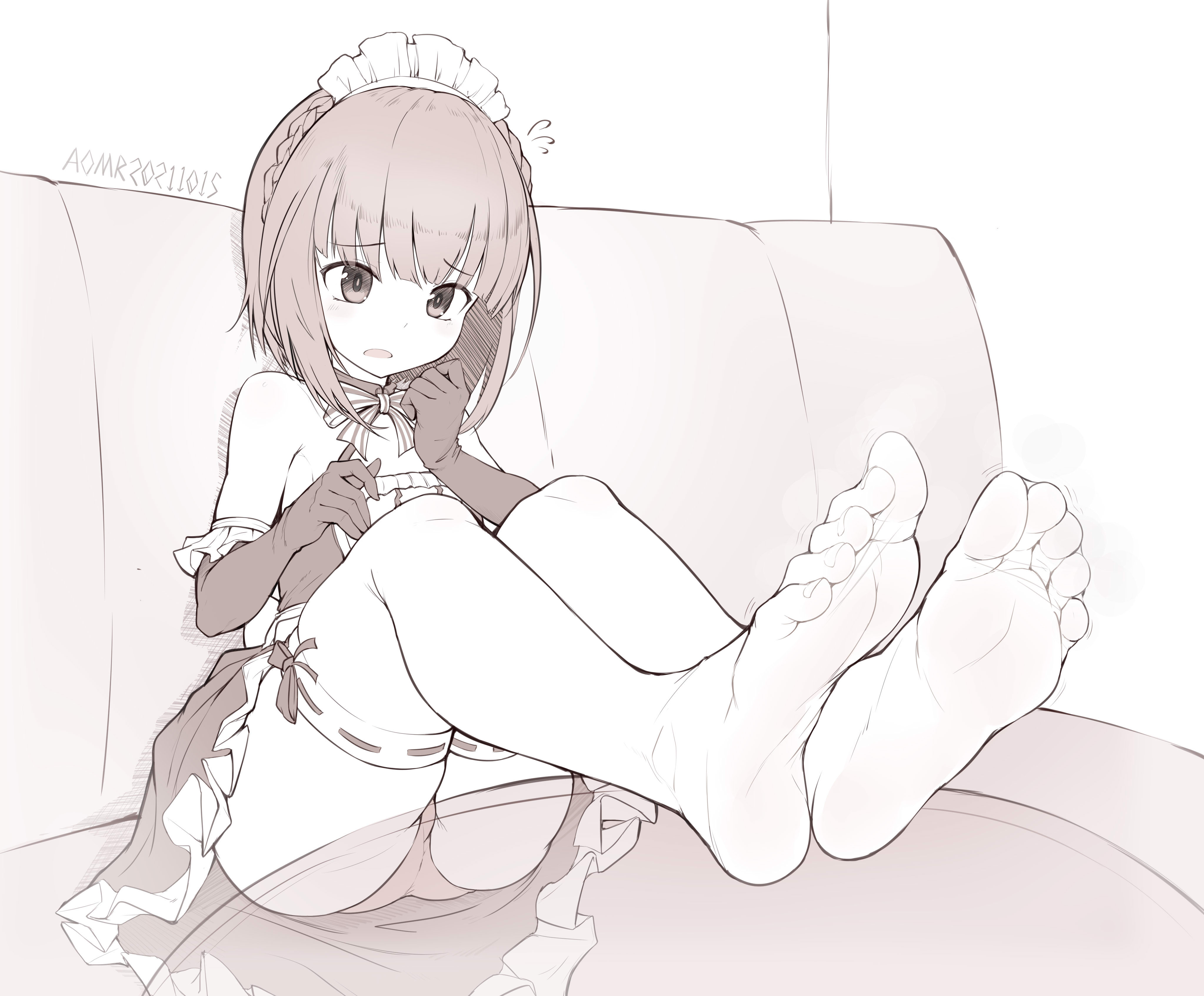 aikawa_aika alice_gear_aegis aomoro feet maid monochrome pantsu skirt_lift thighhighs