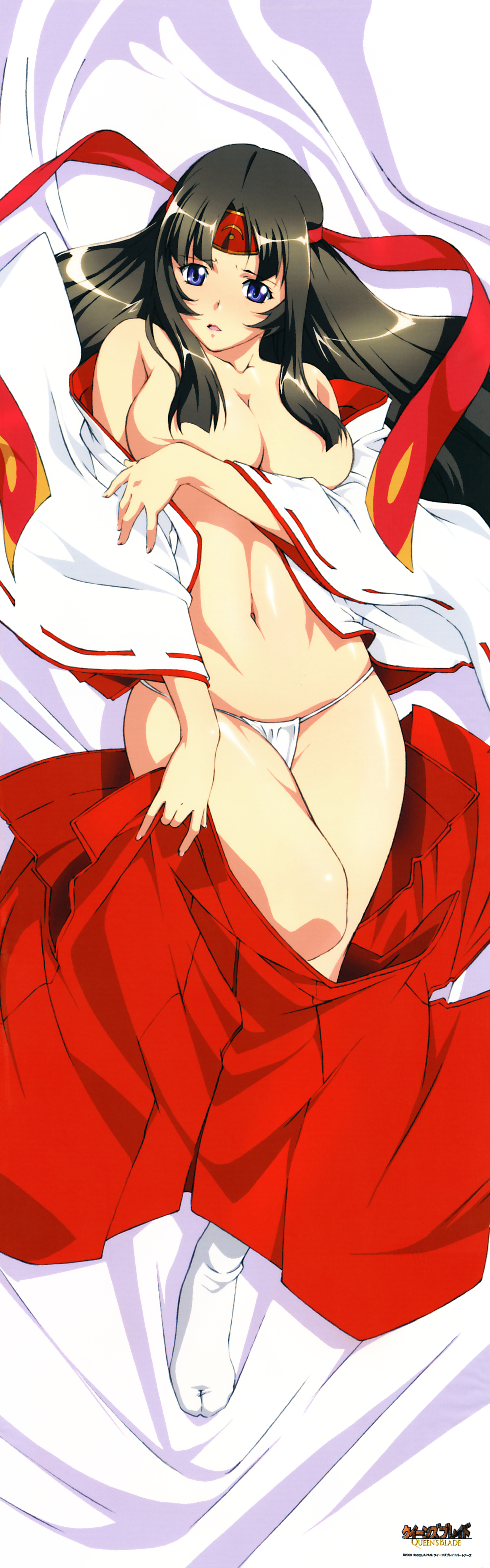 breast_hold breasts dakimakura miko no_bra open_shirt pantsu queen's_blade tomoe