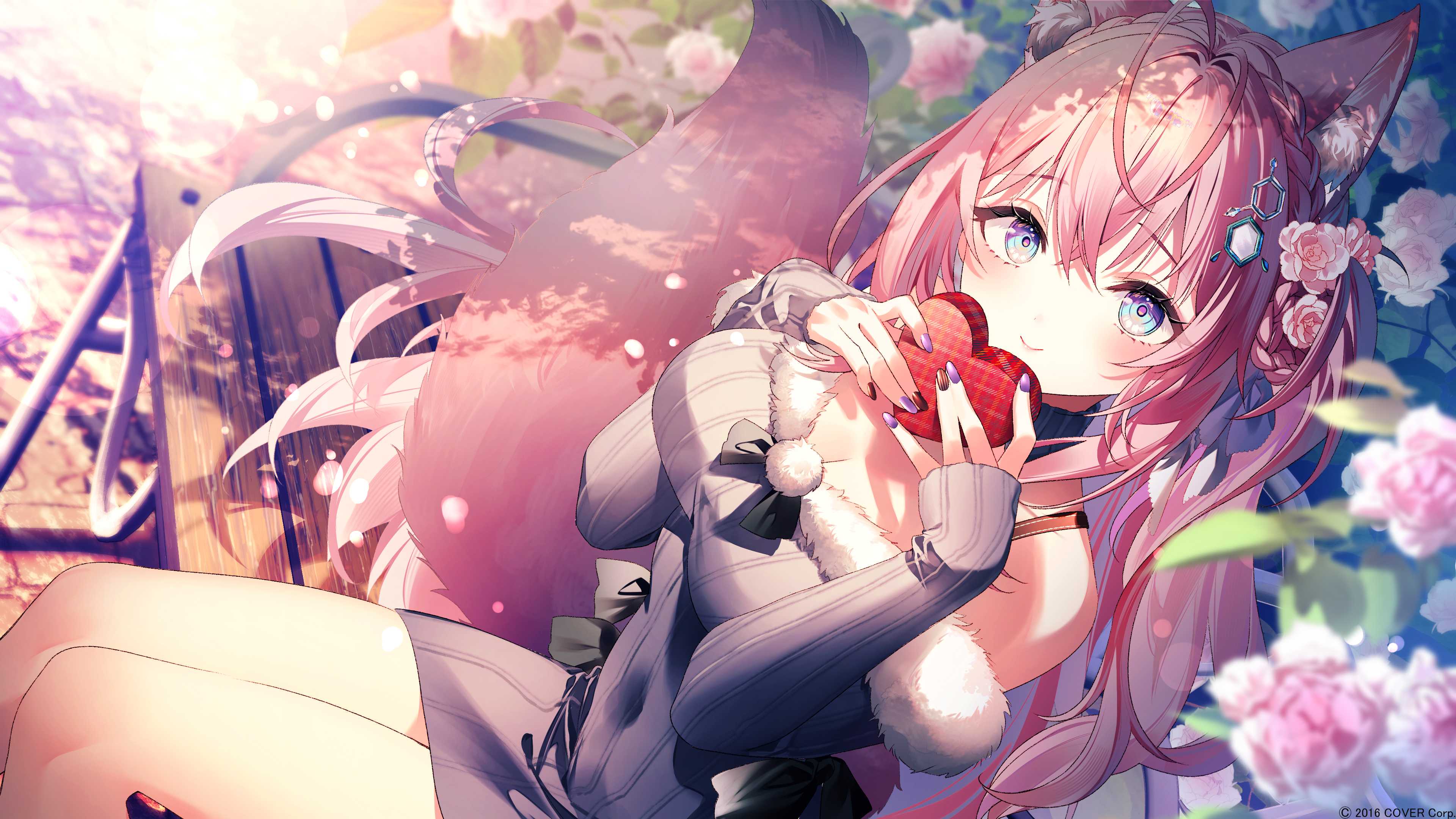 animal_ears dress hakui_koyori hololive no_bra riichu sweater tail valentine wallpaper