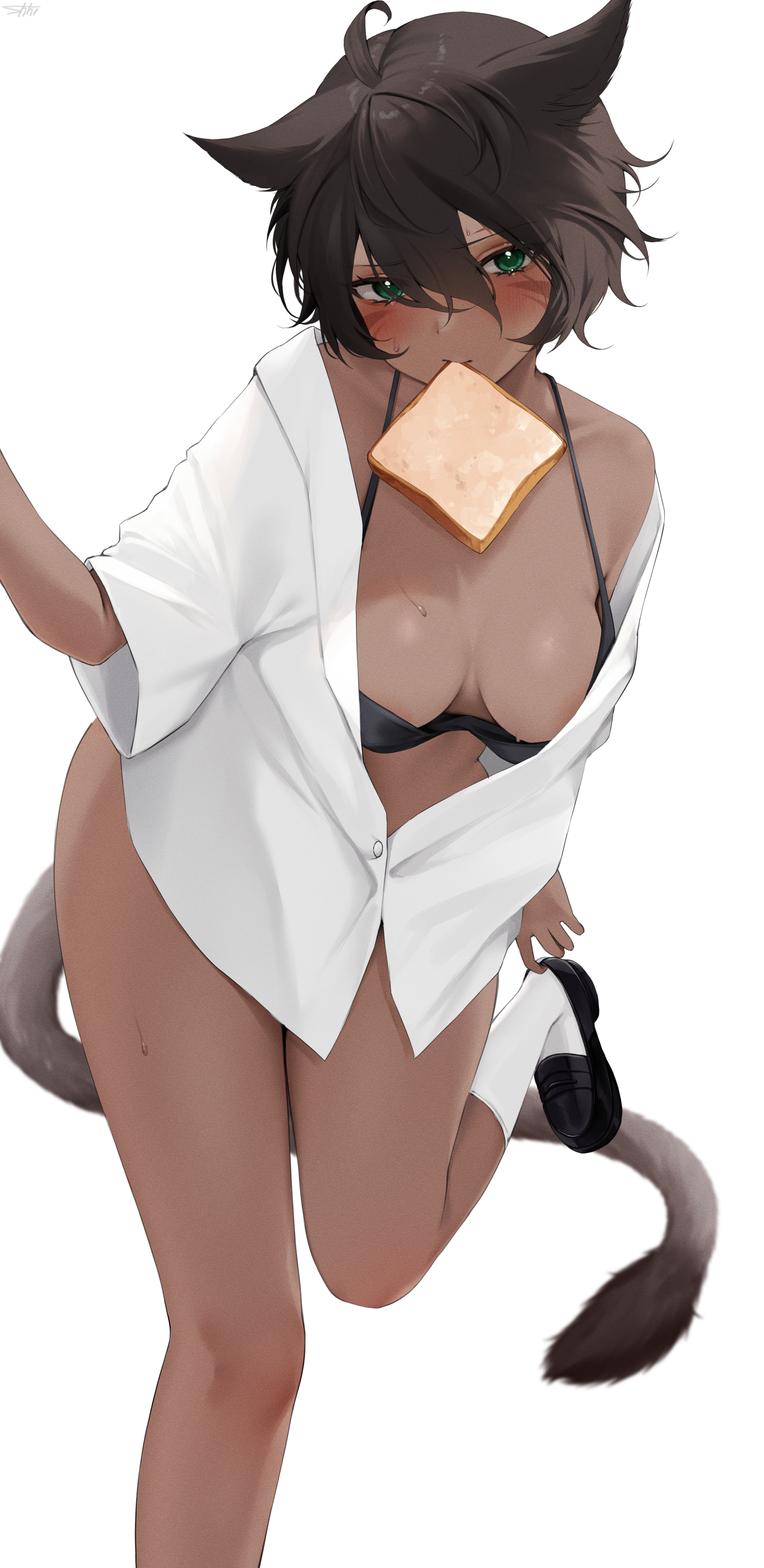 animal_ears bra dress_shirt final_fantasy final_fantasy_xiv miqo'te nekomimi open_shirt shhilee tail