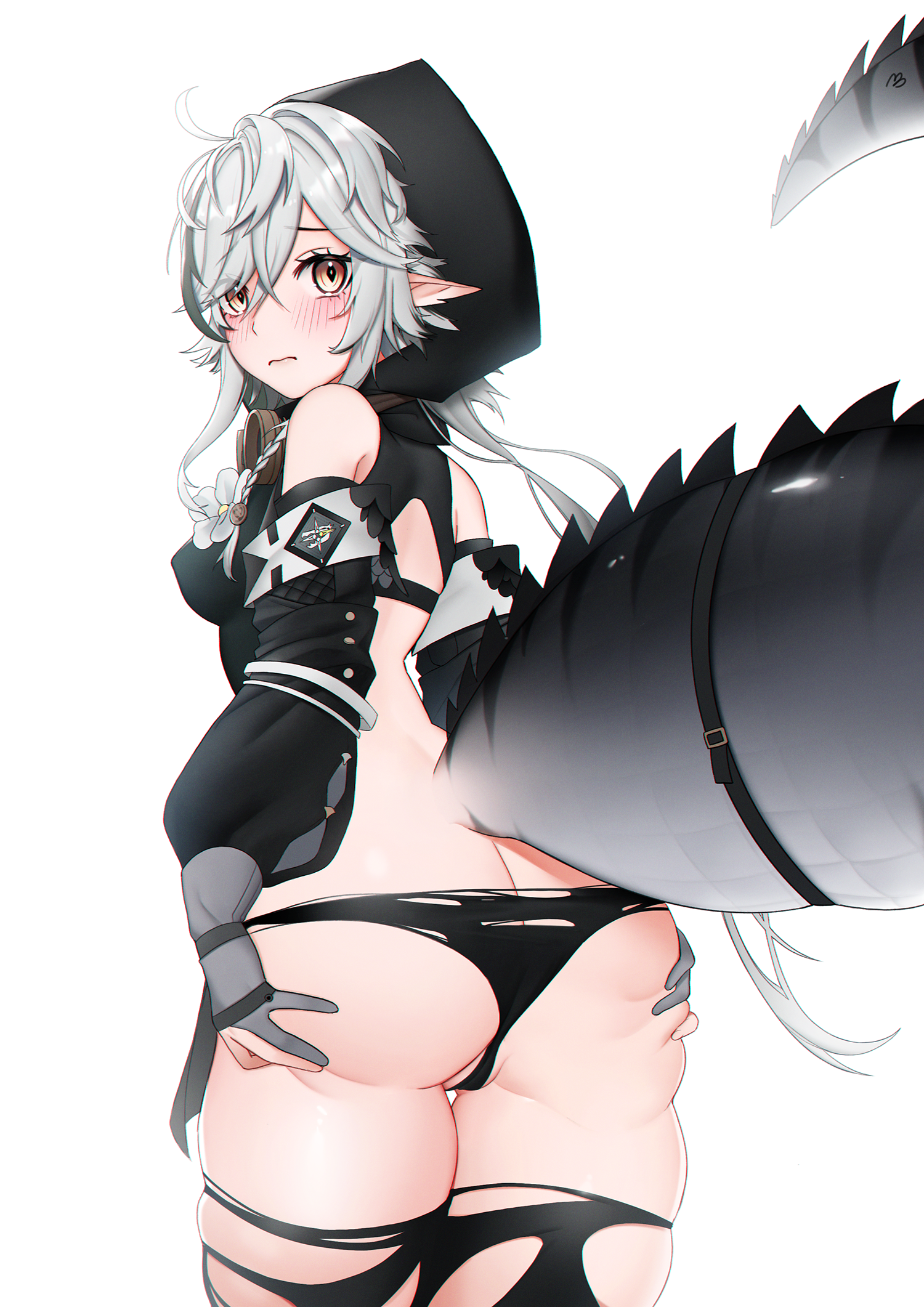 arknights ass ass_grab erect_nipples himing pantsu pointy_ears tail thighhighs thong tomimi_(arknights) torn_clothes