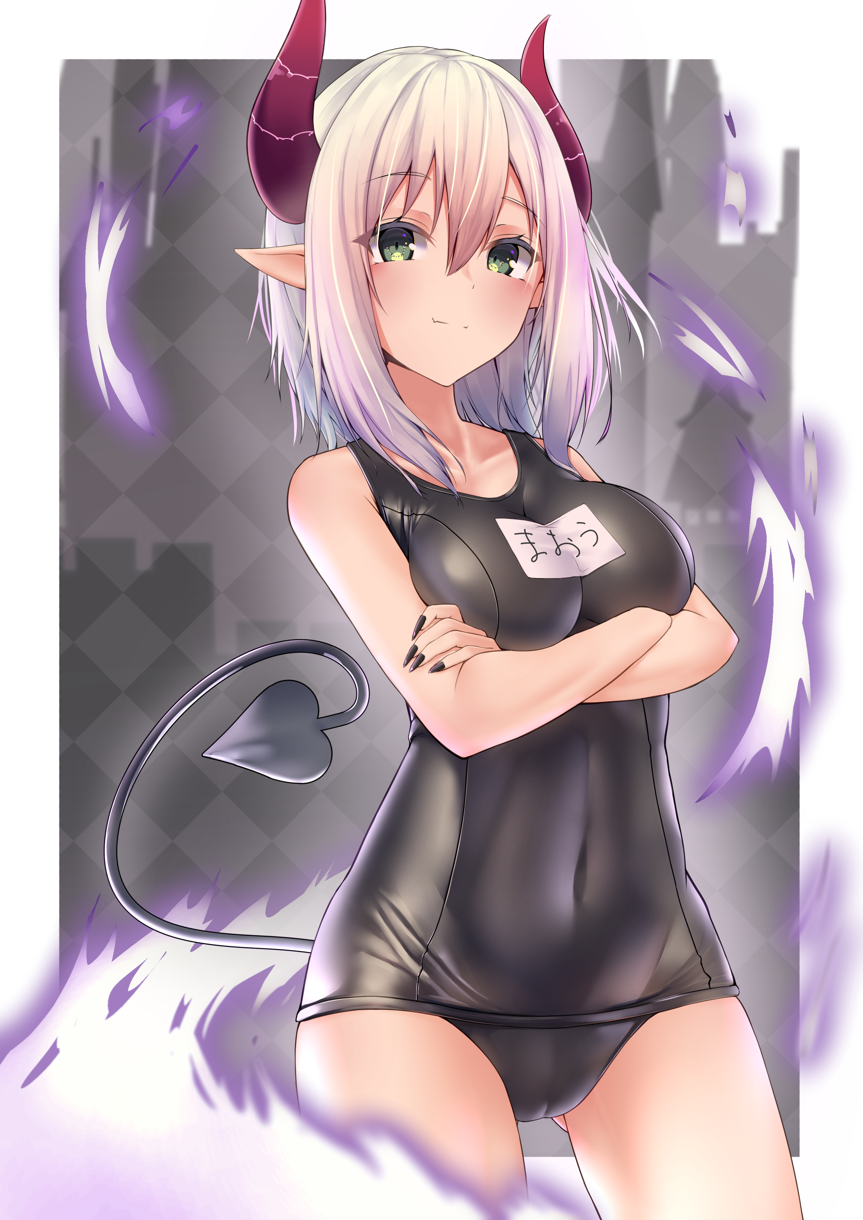 breast_hold cameltoe emma_august horns inaba_teitoku nijisanji pointy_ears school_swimsuit swimsuits tail