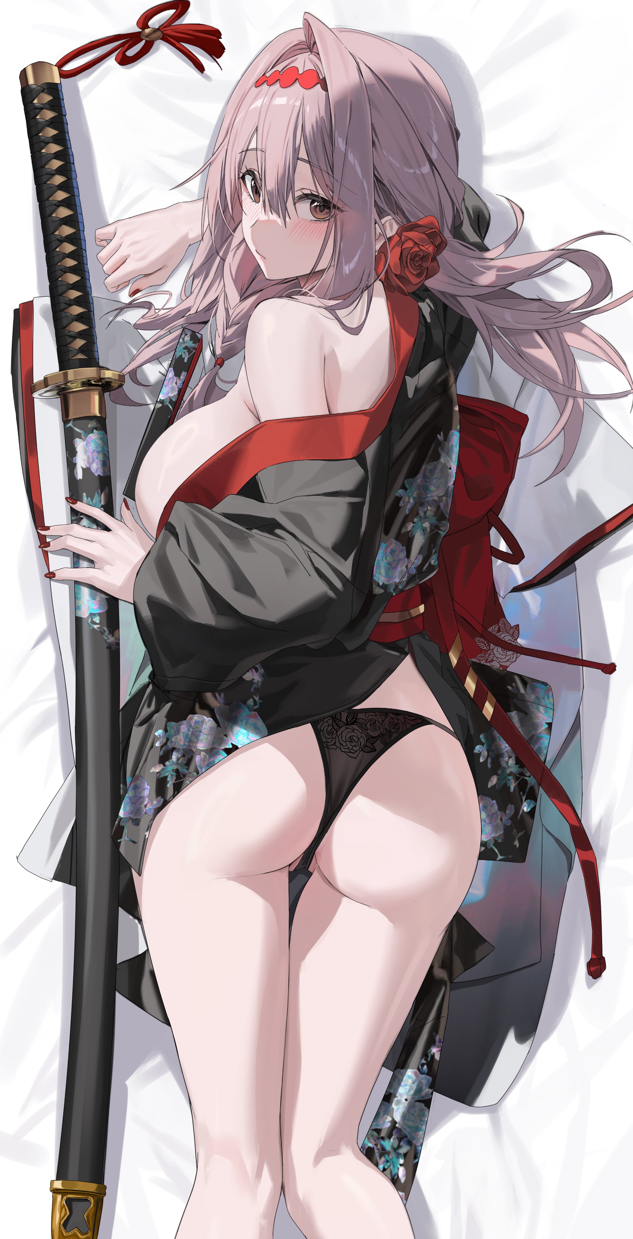 ass bankongping dakimakura goddess_of_victory:_nikke kimono open_shirt pantsu scarlet_(nikke) sword thong