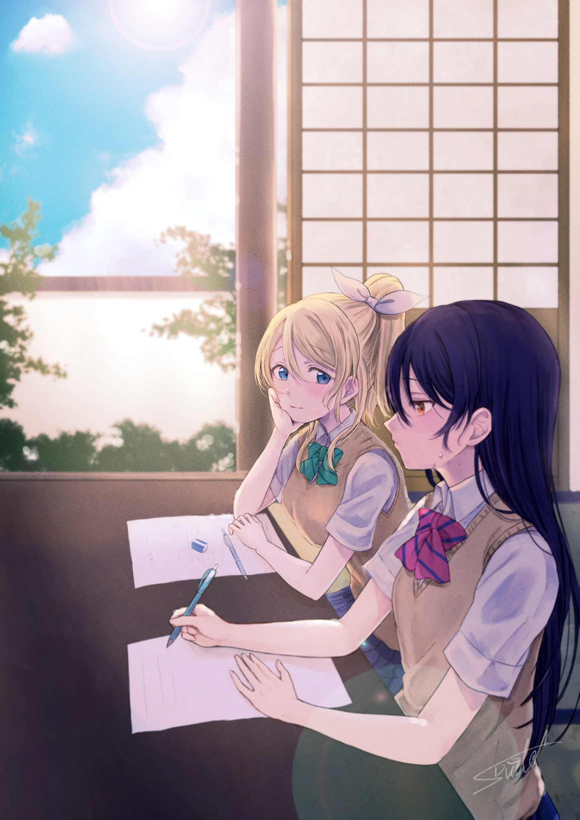 ayase_eli love_live! love_live!_(series) seifuku sonoda_umi suito sweater yuri