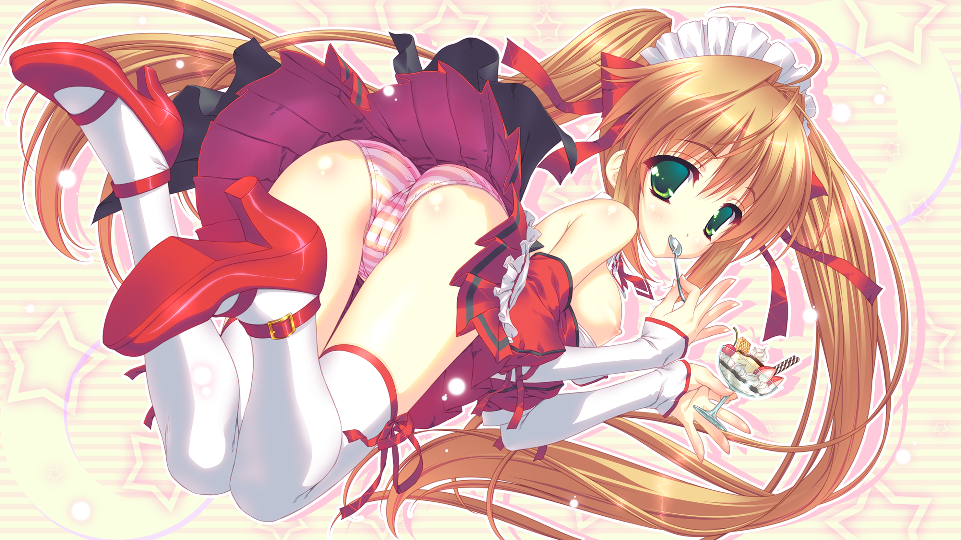 amakawa_akito ass breasts cameltoe nipples open_shirt pantsu pia_carrot pia_carrot_4 shimapan takigawa_yuna thighhighs waitress wallpaper