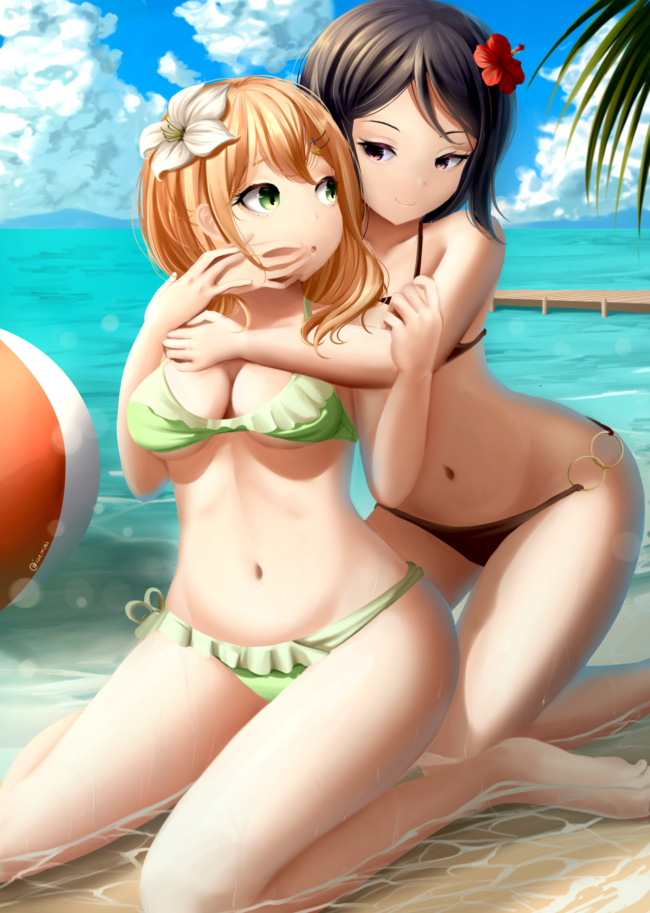 bikini breast_hold cleavage dkoro enami_kiyose slow_start swimsuits tokura_eiko underboob wet yuri