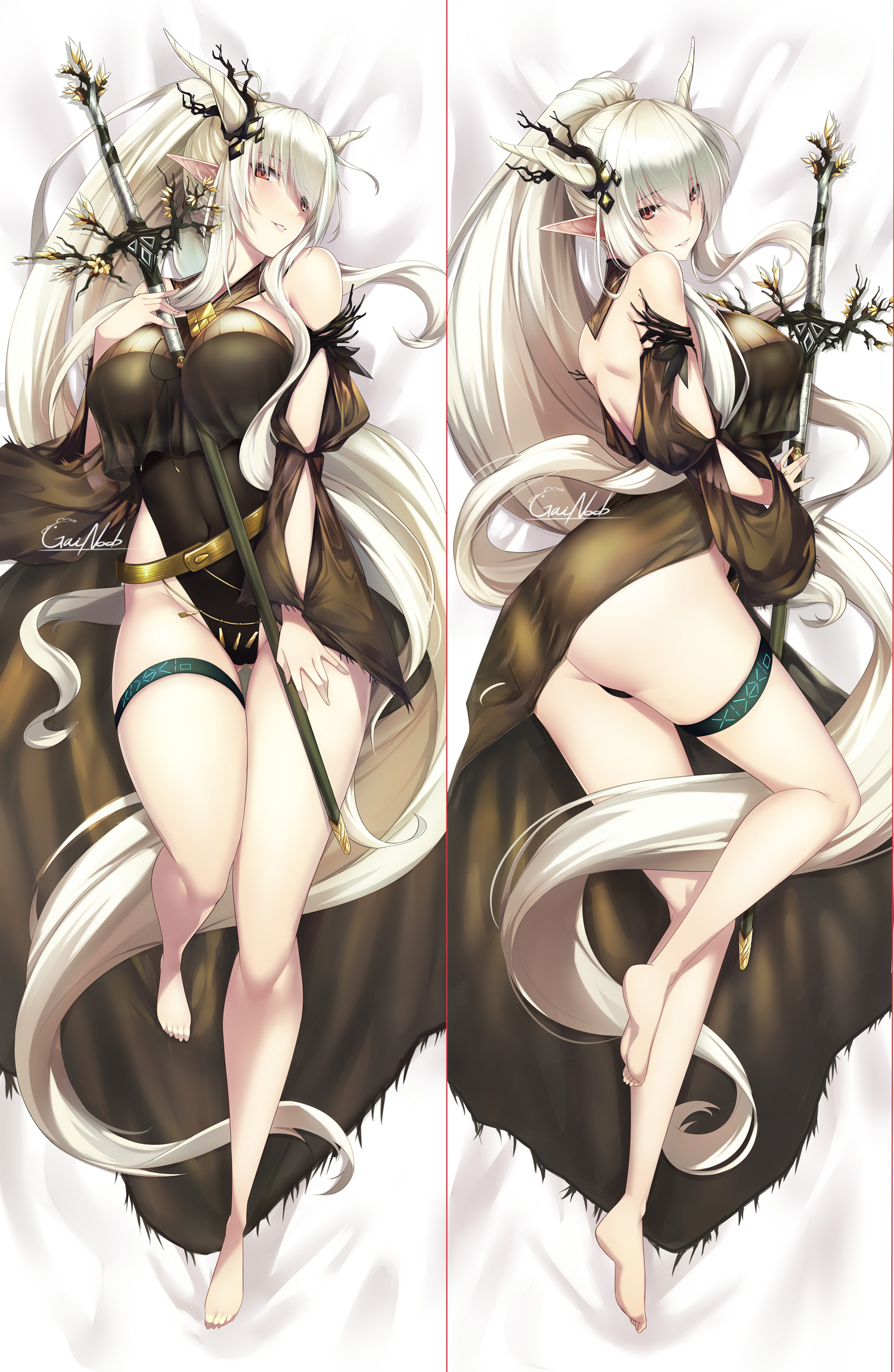 arknights ass dakimakura dress feet gainoob garter horns no_bra pointy_ears shining_(arknights) skirt_lift sword