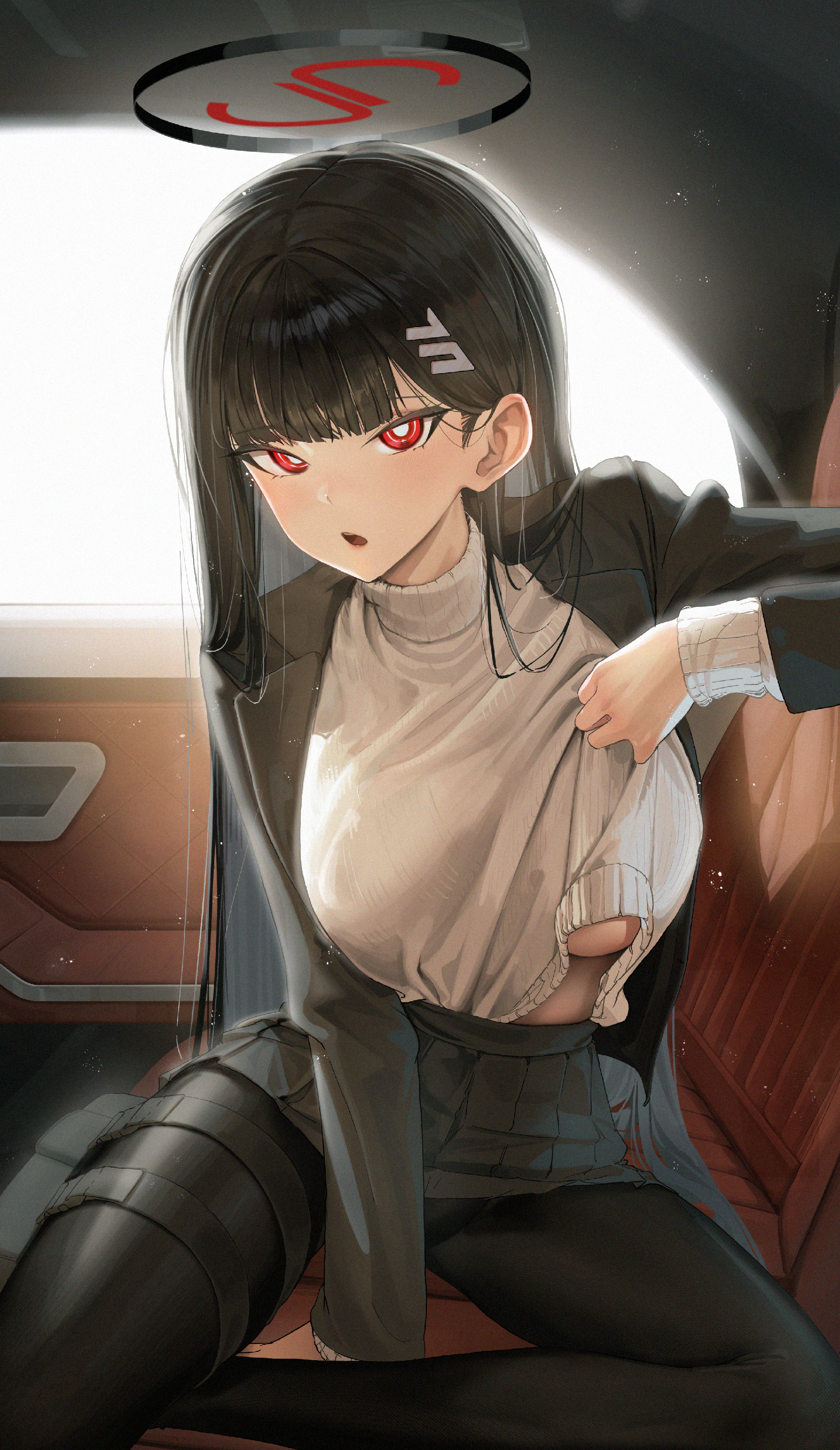 blue_archive garter halo no_bra pantyhose shirt_lift skirt_lift sweater tagua tsukatsuki_rio underboob undressing