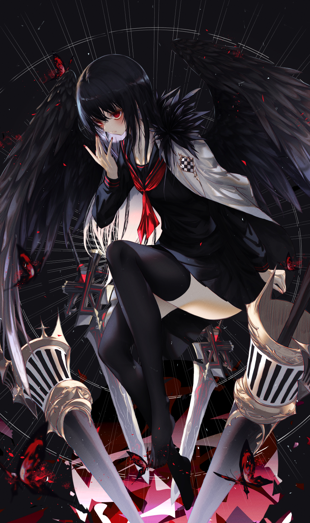 neon_(pixiv_31150749) seifuku skirt_lift thighhighs weapon wings