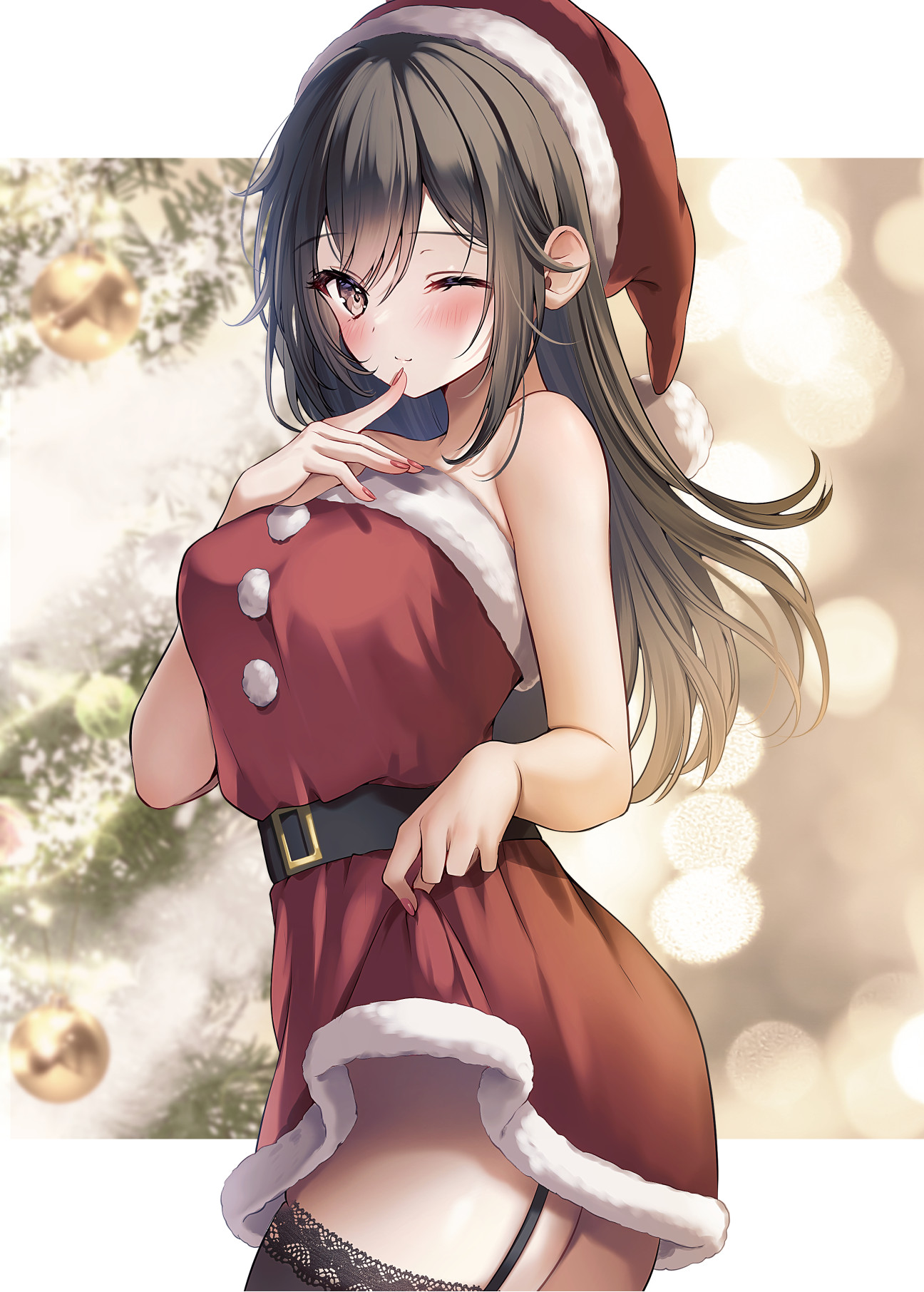 christmas dress no_bra skirt_lift stockings thighhighs yuga-