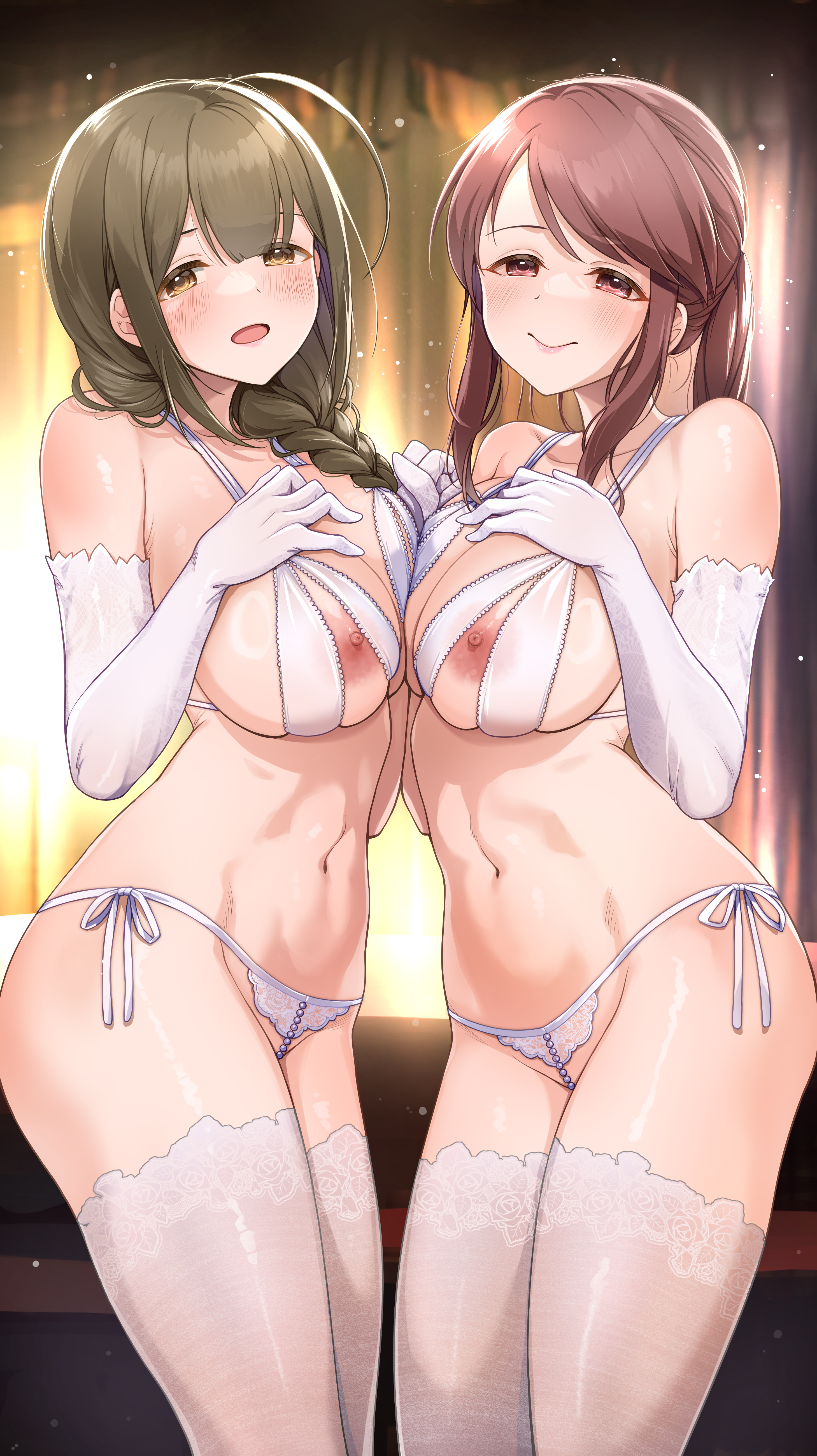 bra crossover kuwayama_chiyuki lingerie mifune_miyu mk nipples pantsu string_panties symmetrical_docking the_idolm@ster the_idolm@ster_cinderella_girls the_idolm@ster_shiny_colors thighhighs thong yuri