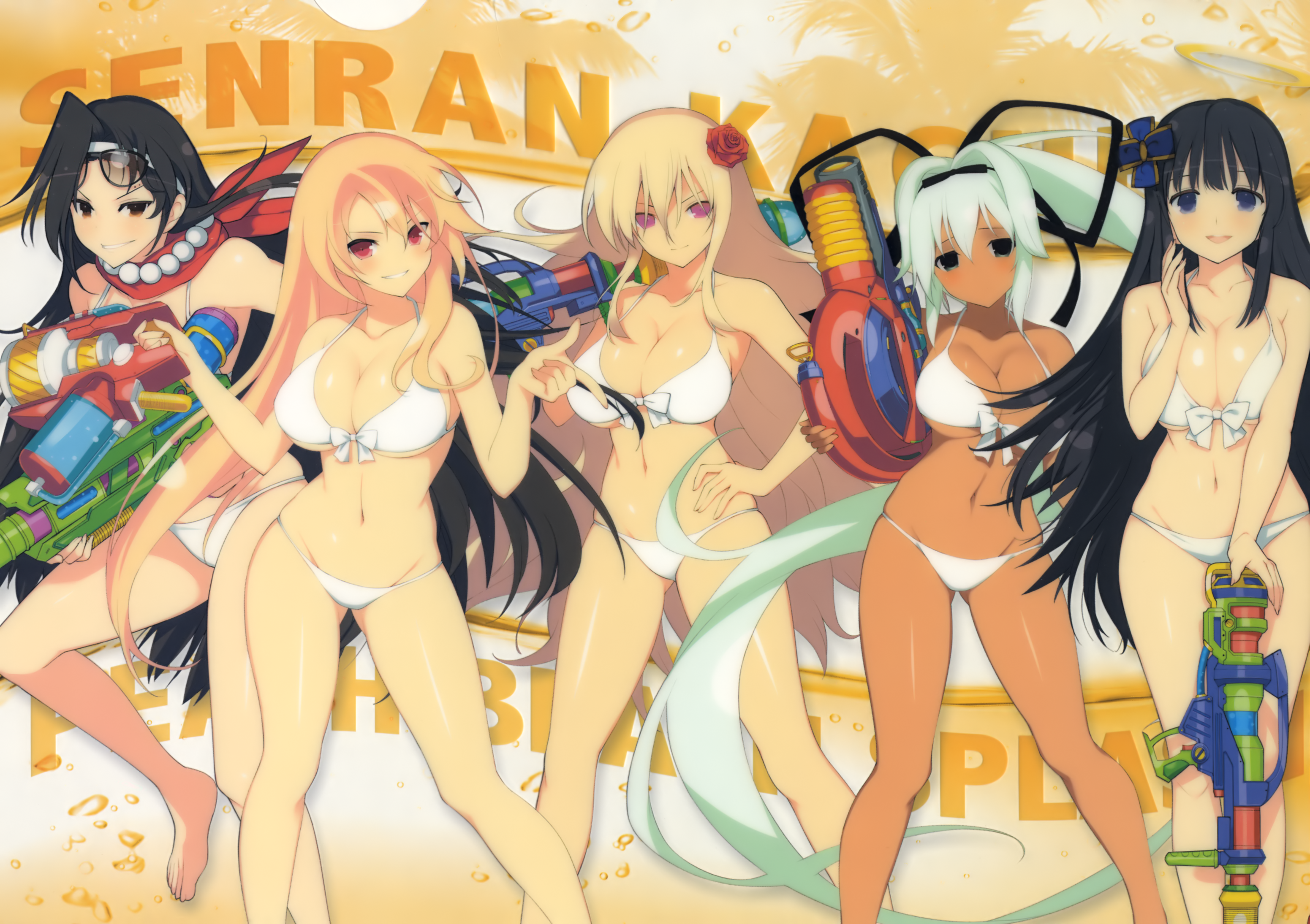 bikini breast_hold cleavage gun jasmine_(senran_kagura) leo_(senran_kagura) megane ryouki_(senran_kagura) senran_kagura senran_kagura:_peach_beach_splash souji_(senran_kagura) swimsuits underboob weapon yaegashi_nan yuuyaki_(senran_kagura)