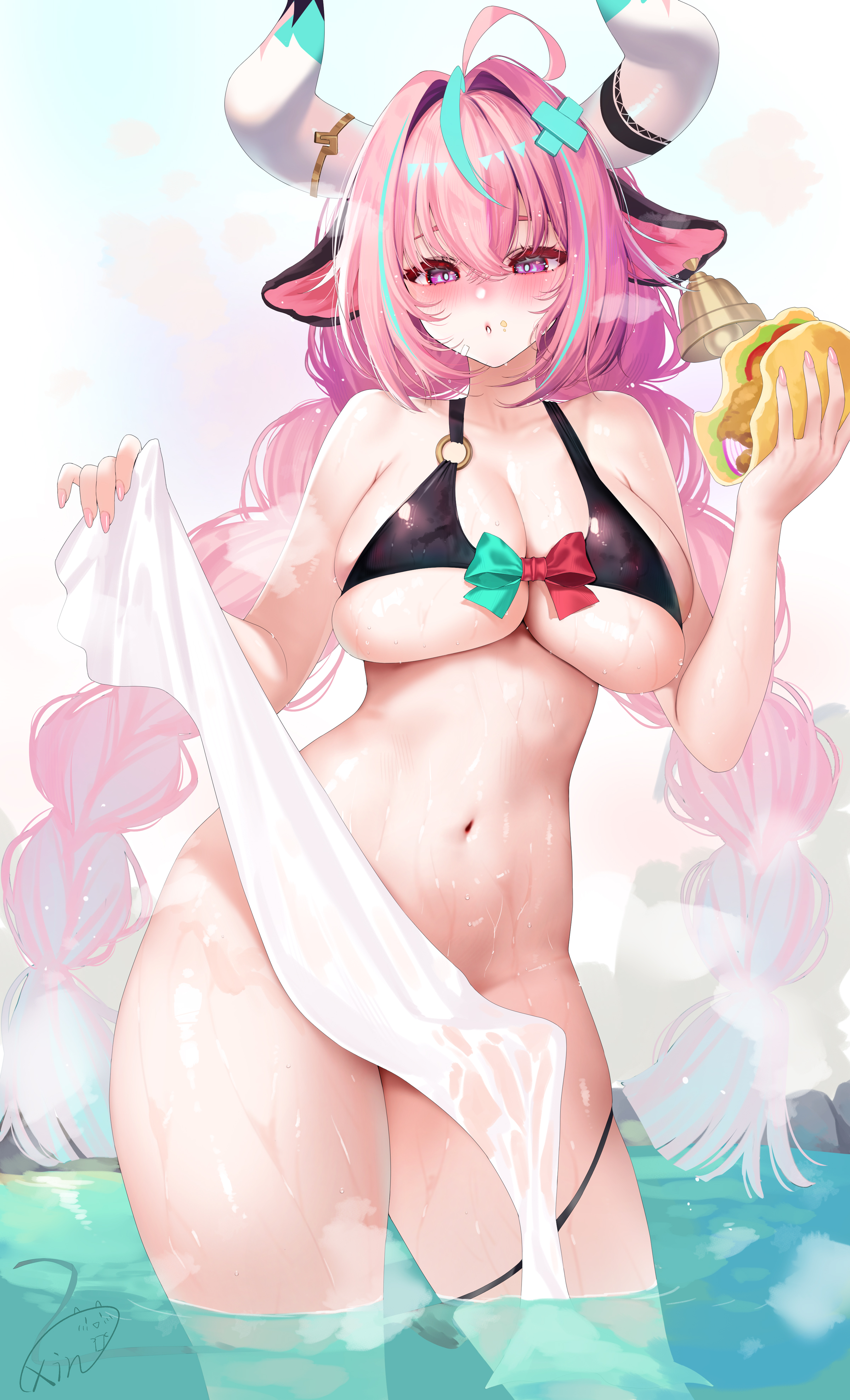 animal_ears bikini cream genshin_impact horns onsen panty_pull see_through swimsuits towel varesa wet xin