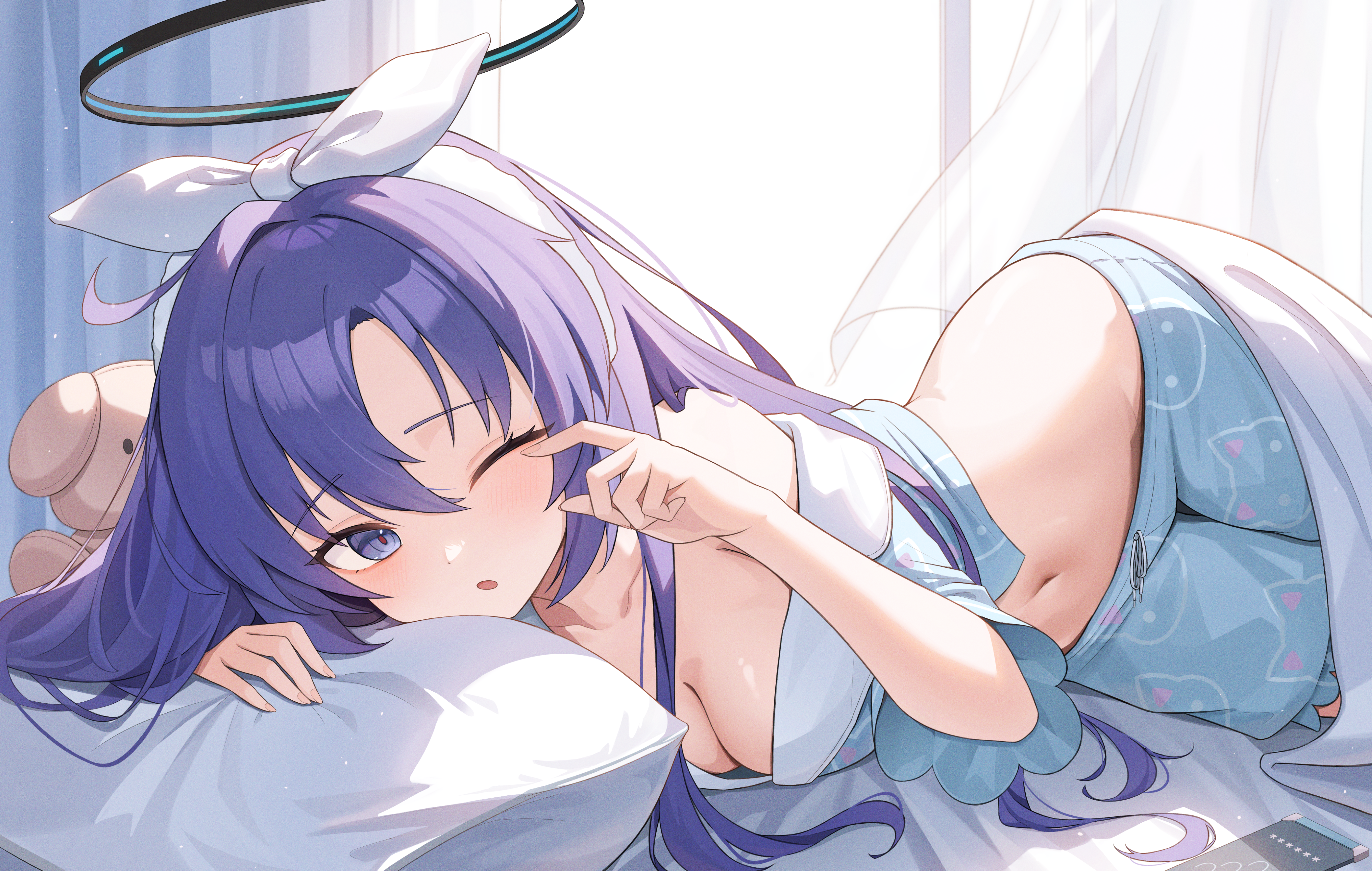 blue_archive halo halonakoma9 hayase_yuuka no_bra open_shirt pajama sheets