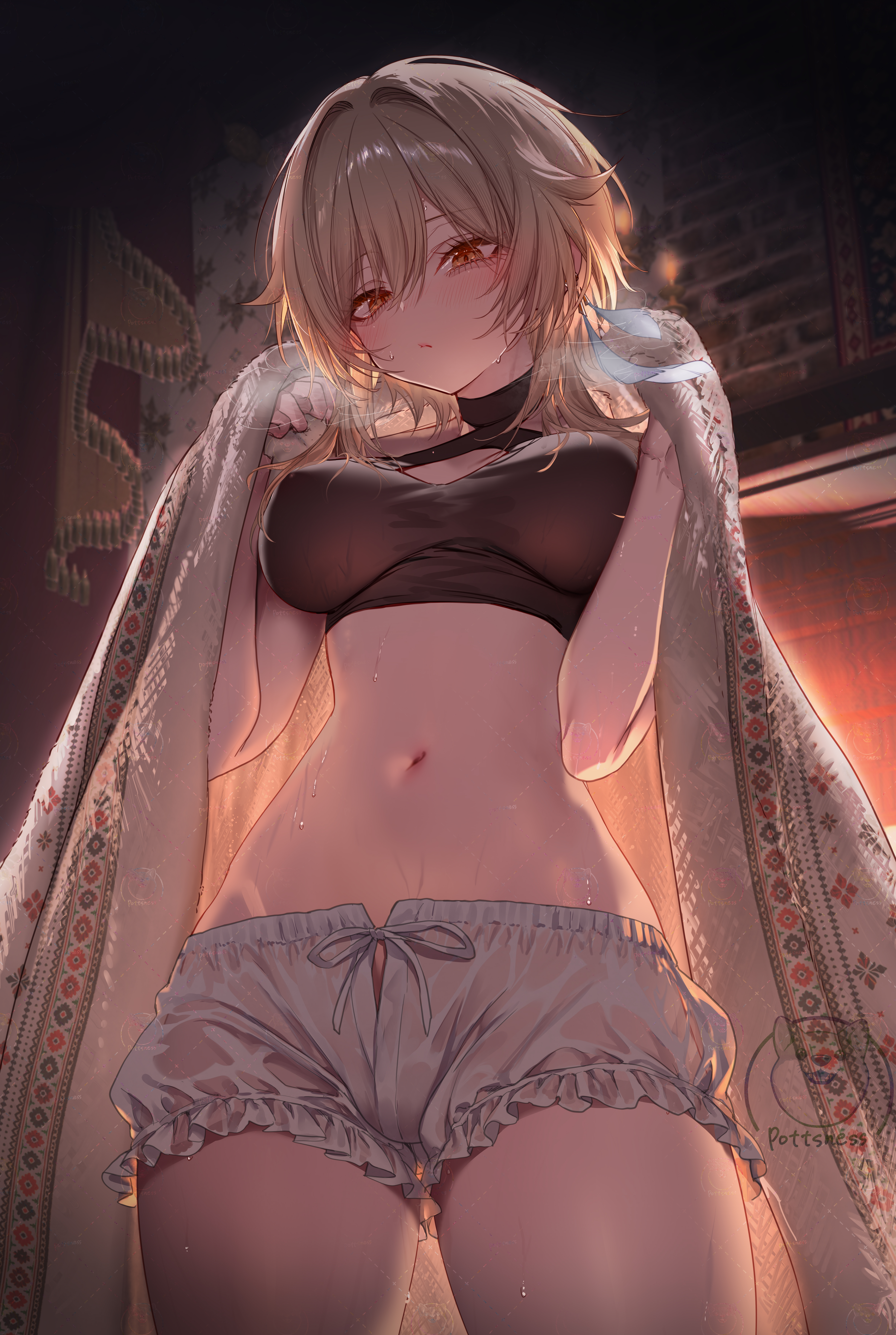 bloomers cameltoe erect_nipples genshin_impact lumine pottsness see_through sheets wet wet_clothes