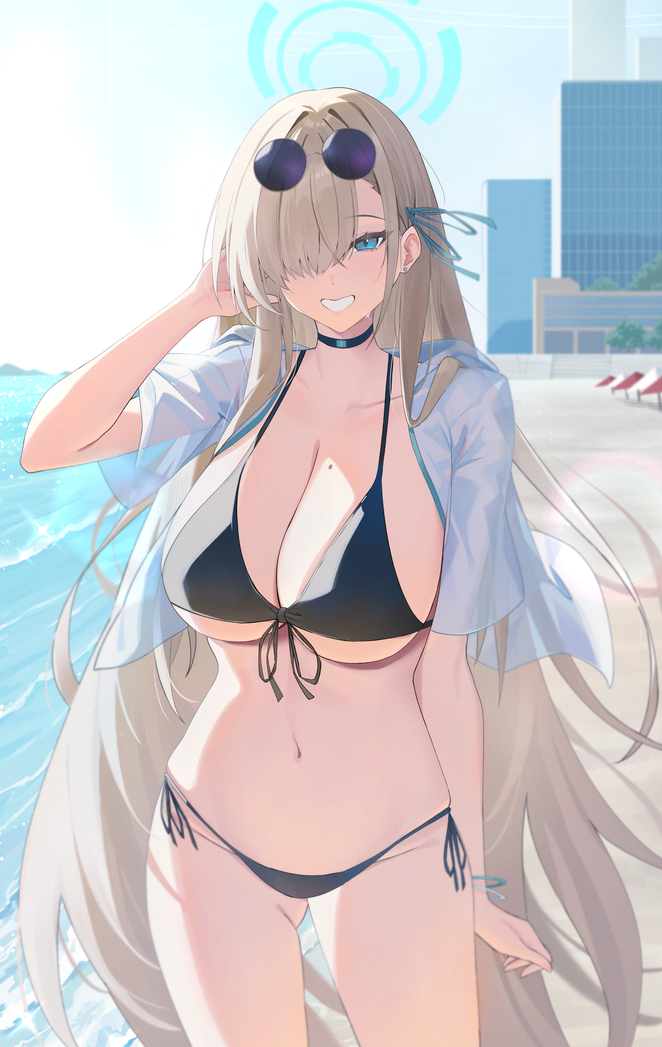 bikini blue_archive halo ichinose_asuna kakumayu megane open_shirt see_through swimsuits