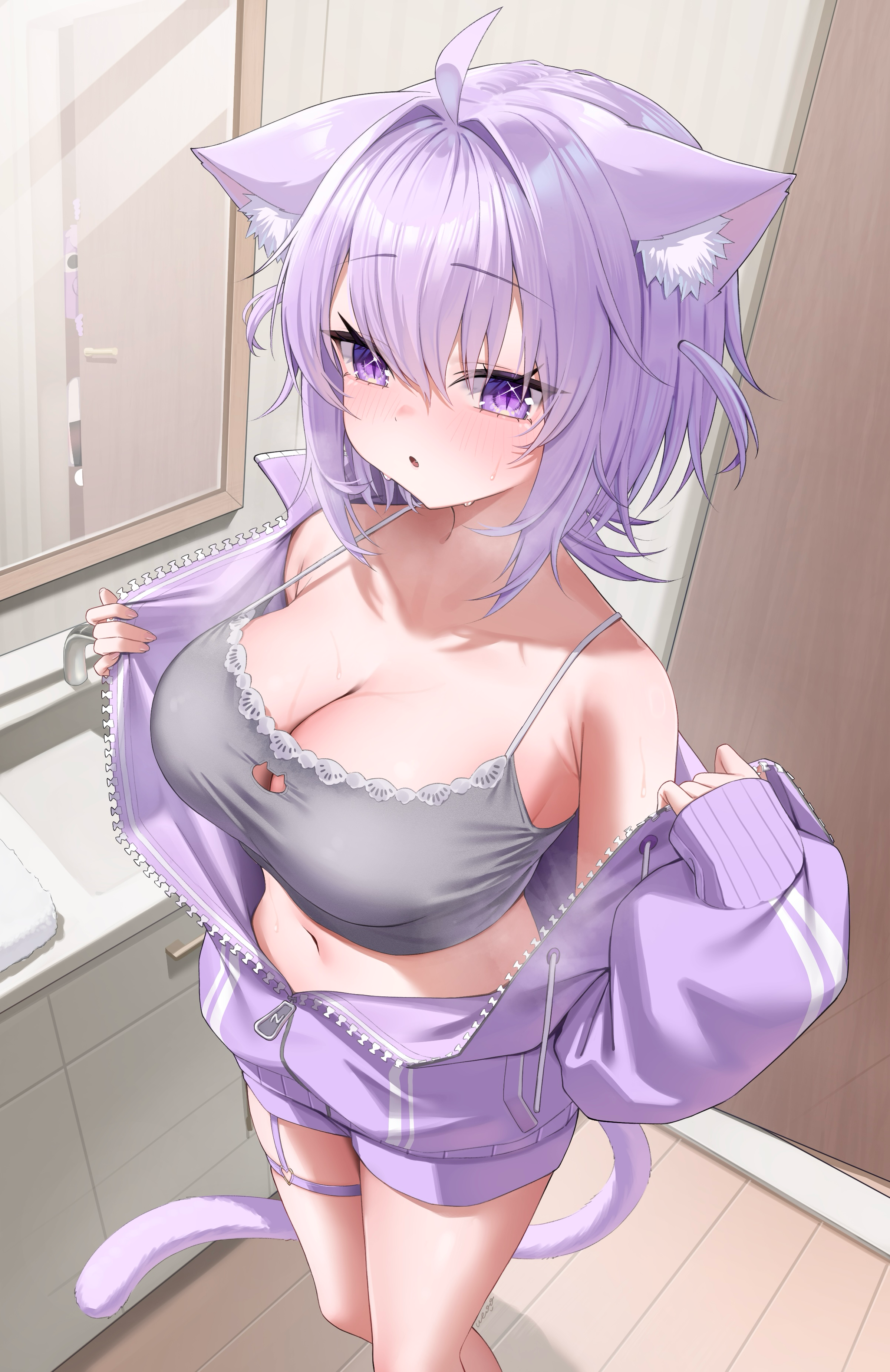 ai_(u_e_o_o) animal_ears garter gym_uniform hololive hololive_gamers lingerie nekomata_okayu nekomimi tail undressing wet