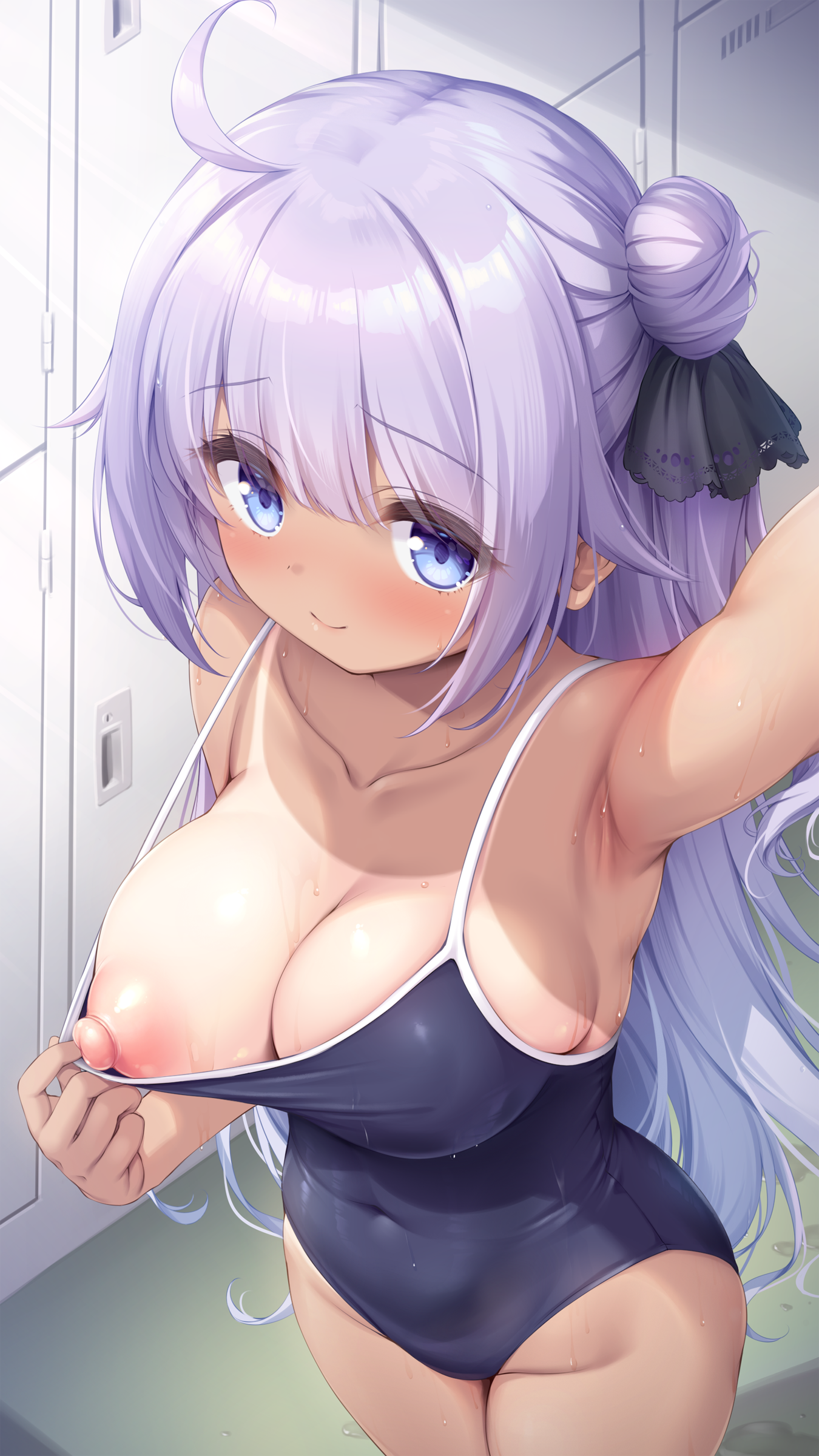 azur_lane breasts mikagami_mamizu nipples school_swimsuit selfie swimsuits tan_lines undressing unicorn_(azur_lane) wet