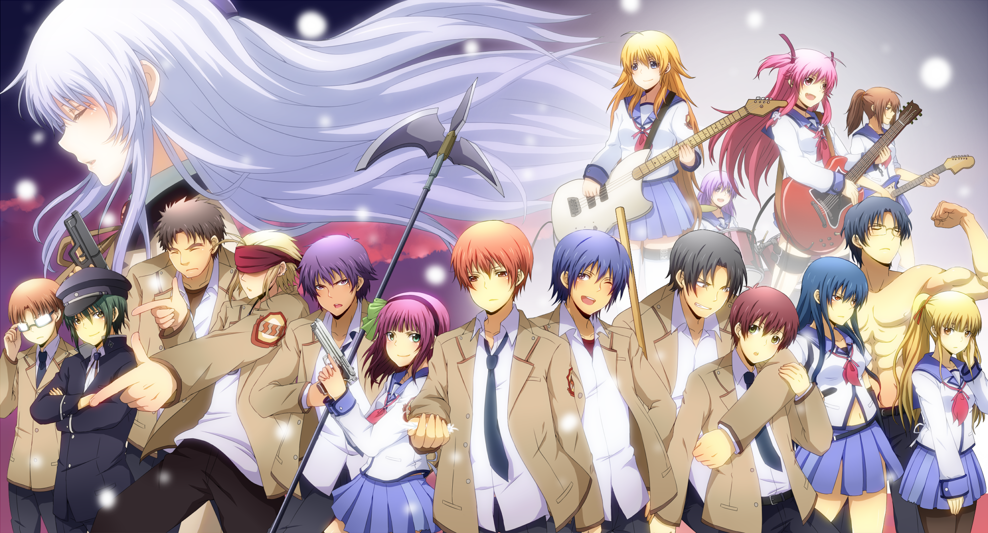 angel_beats! erito59 fuchita_hisako fujimaki gun hinata_hideki irie_miyuki matsushita_godan nakamura_yuri naoi_ayato noda ooyama otonashi_yuzuru seifuku sekine_shiori shiina tachibana_kanade takamatsu takeyama tk_(angel_beats!) weapon yoshioka_yui yusa