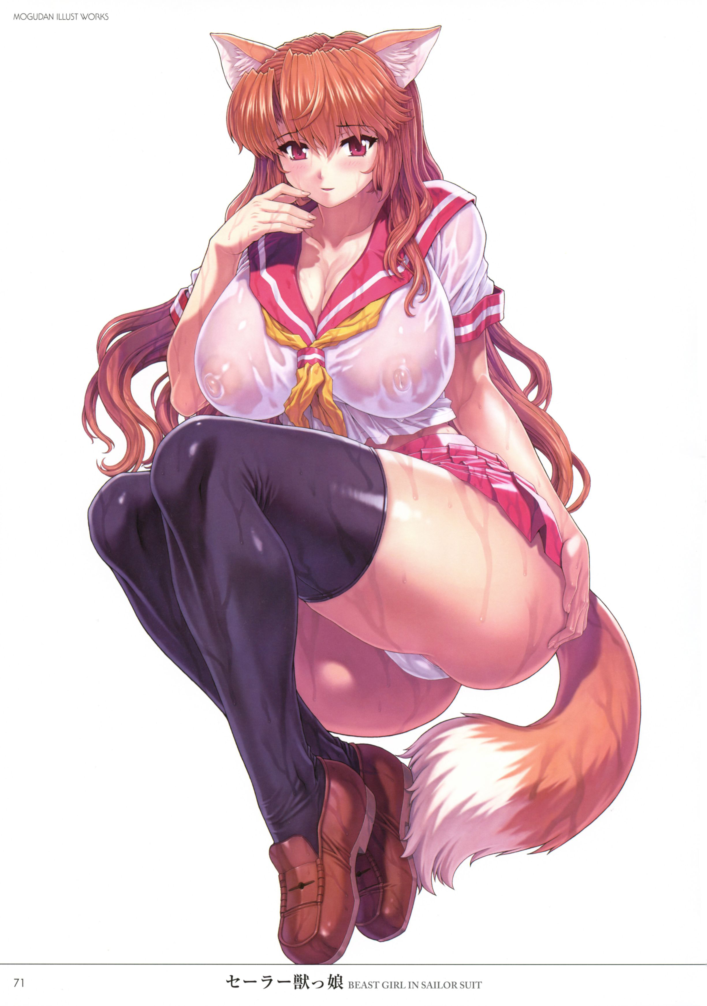 animal_ears ass cleavage mogudan nipples no_bra pantsu see_through seifuku tail thighhighs wet wet_clothes