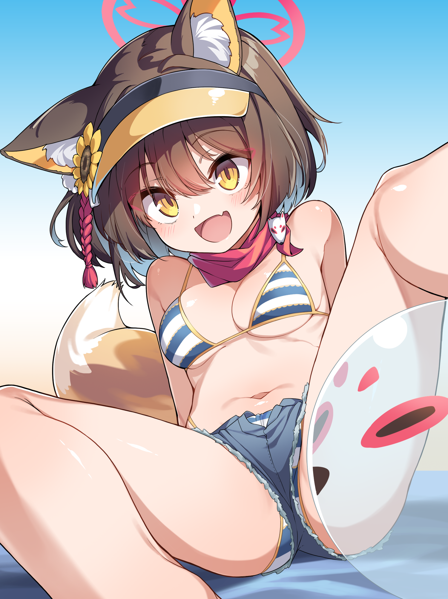 animal_ears bikini blue_archive halo kitsune konnyaku kuda_izuna swimsuits tail