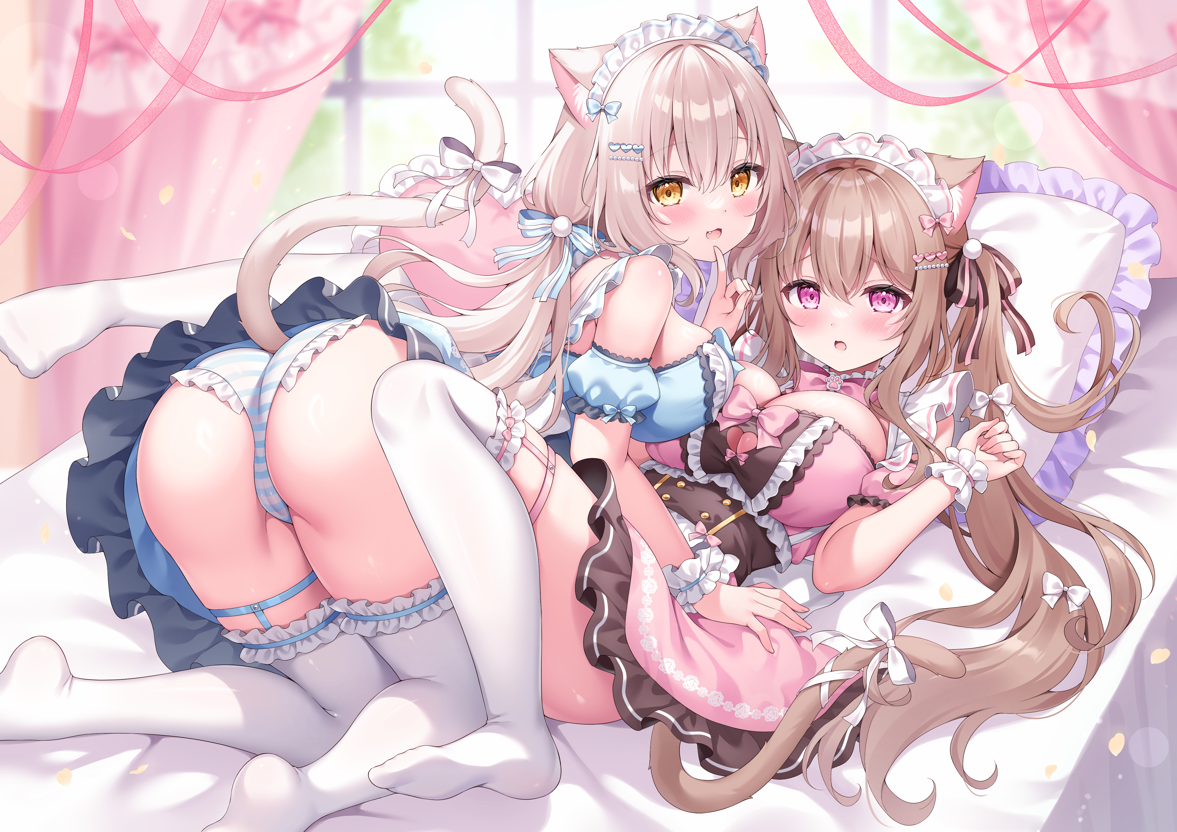 animal_ears ass cameltoe garter maid nekomimi pantsu shimapan siooooono skirt_lift stockings symmetrical_docking tail thighhighs thong yuri