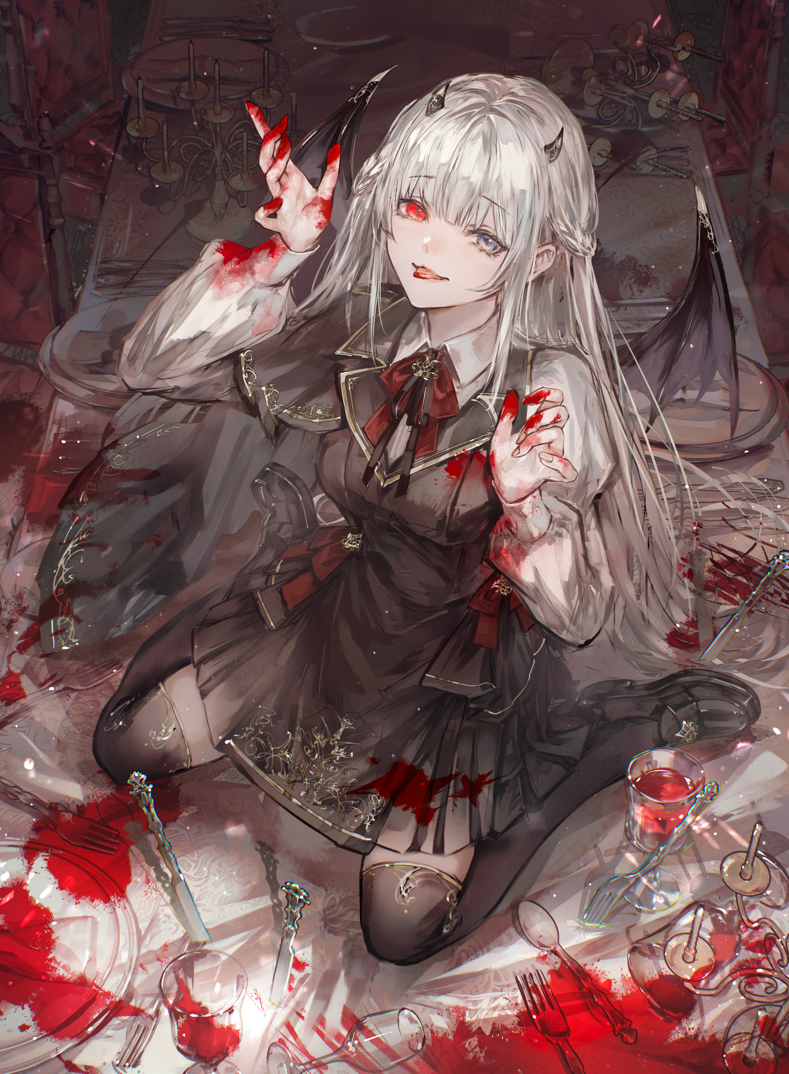 blood dress heterochromia hoja_(hoja1214) horns thighhighs wings