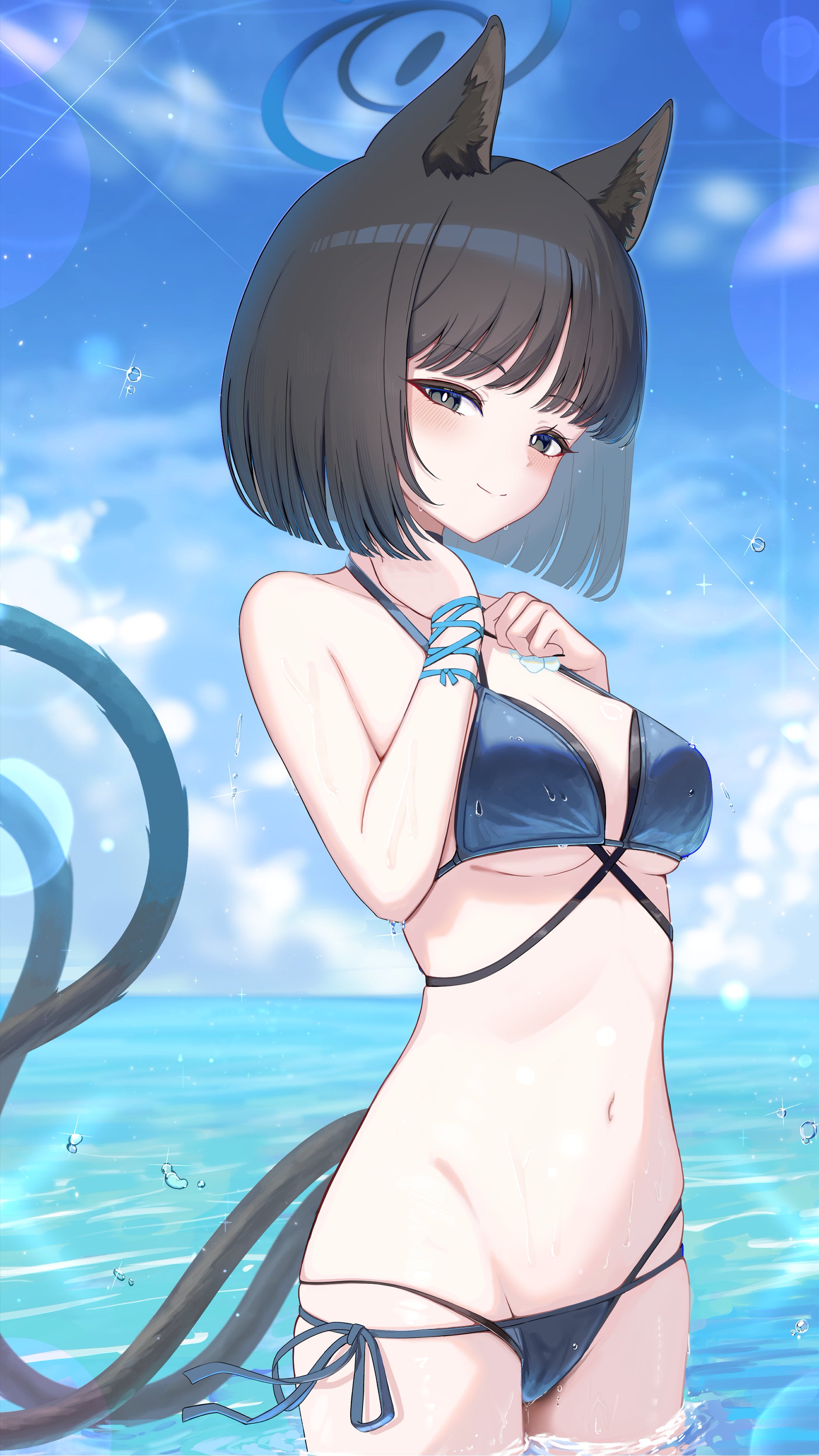 animal_ears bikini blue_archive halo kiryuu_kikyou nekomimi swimsuits tagme tail wet