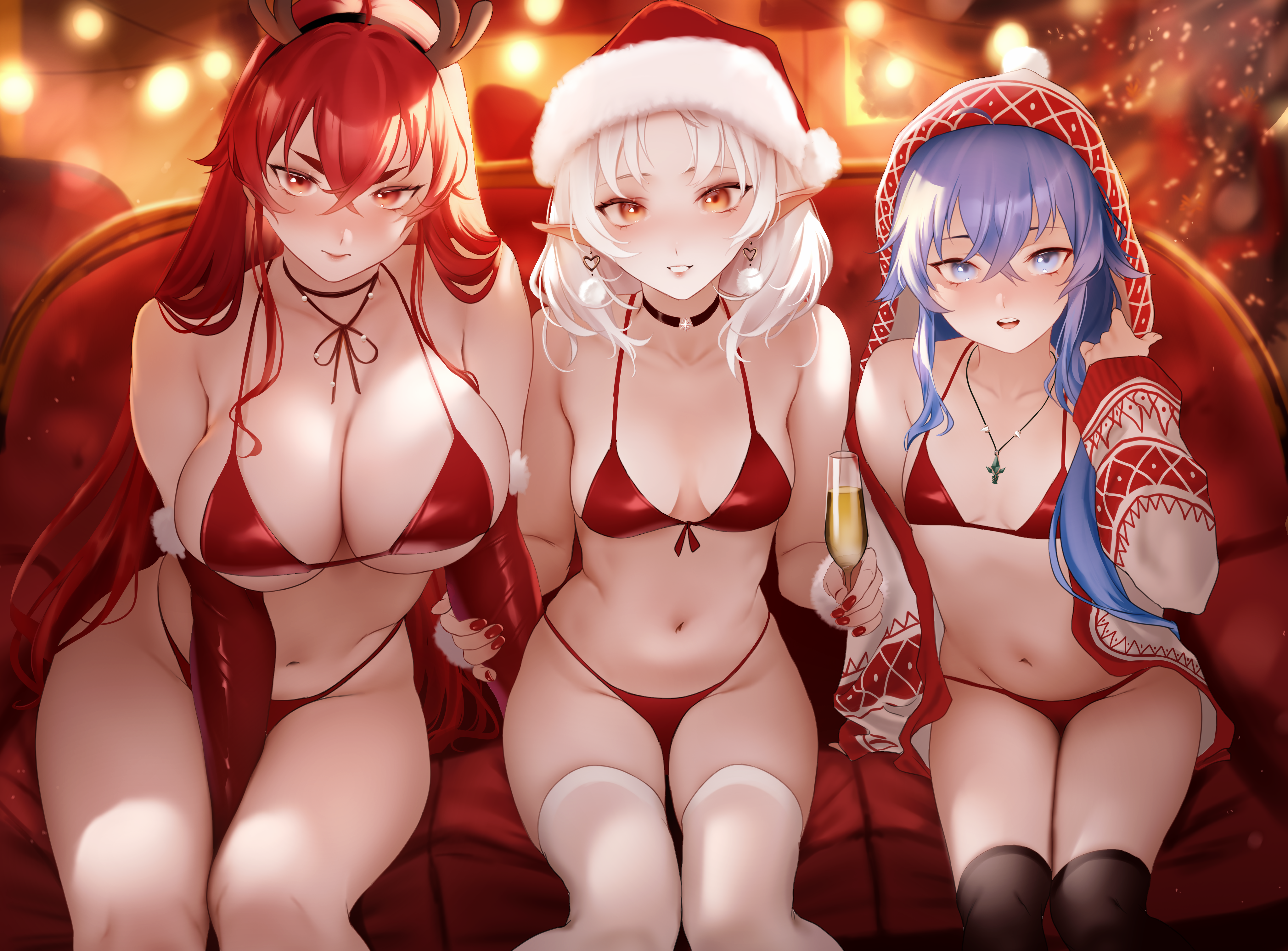 bikini christmas elf eris_boreas_greyrat horns mushoku_tensei open_shirt pointy_ears roxy_migurdia swimsuits sylphiette thighhighs thong zasshu