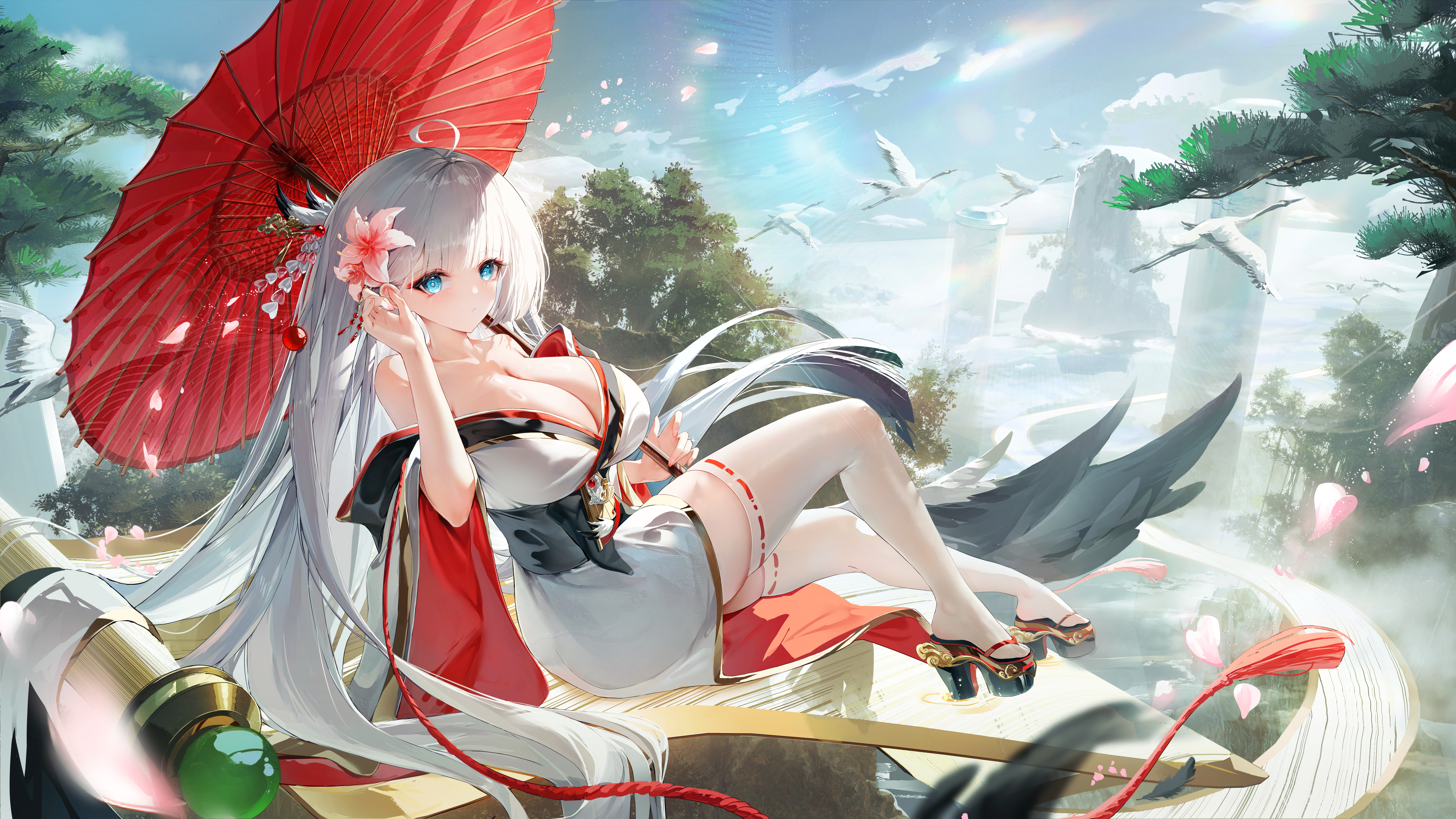 azur_lane heels japanese_clothes no_bra open_shirt shoukaku_(azur_lane) suencaidi2008 thighhighs umbrella