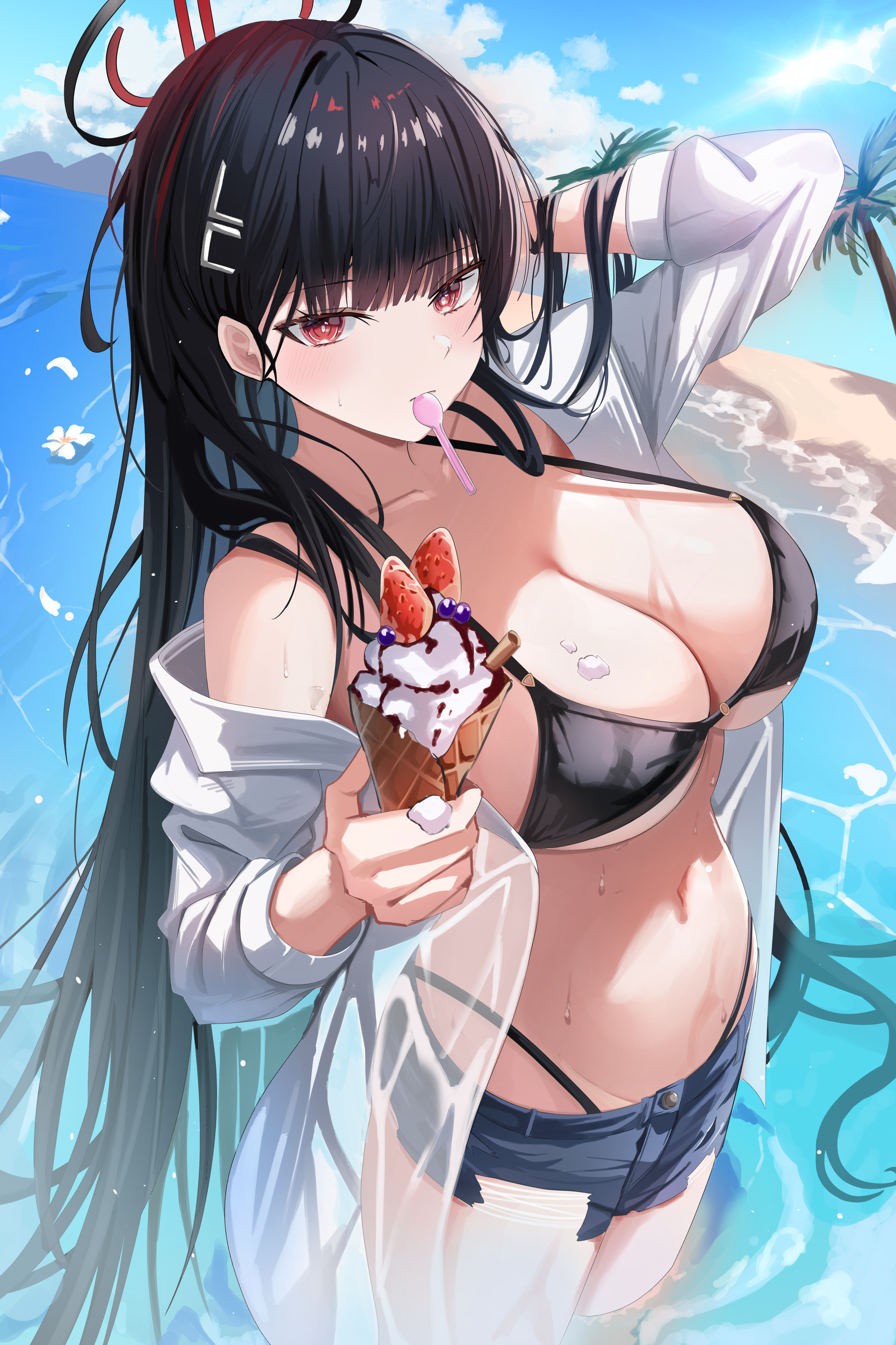 bikini blue_archive cream halo kkubuk92 open_shirt see_through swimsuits torn_clothes tsukatsuki_rio wet wet_clothes