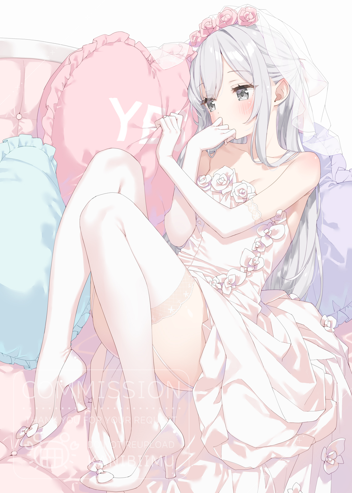 dress heels kani_biimu no_bra official_watermark skirt_lift stockings thighhighs wedding_dress