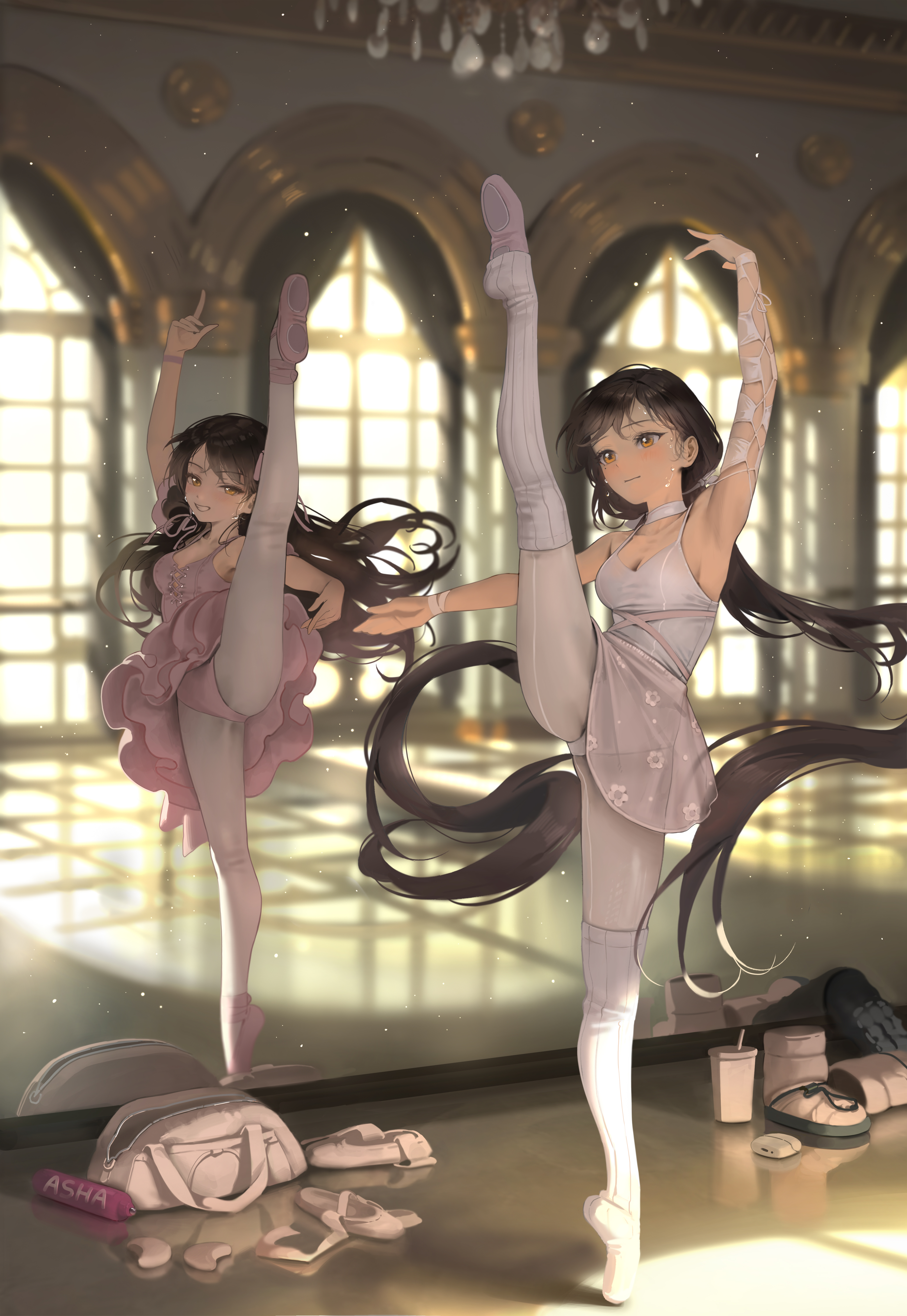 bangsom leotard pantyhose see_through skirt_lift thighhighs