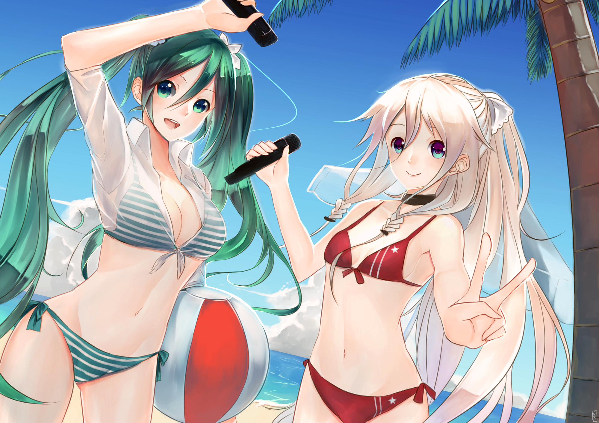 bikini cleavage dress_shirt hatsune_miku ia_(vocaloid) jun_project see_through swimsuits vocaloid